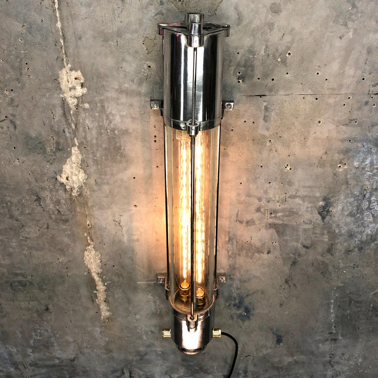 Late 20th Century 1970s German Cast Aluminium and Glass Edison LED Tube Flameproof Wall Striplight For Sale