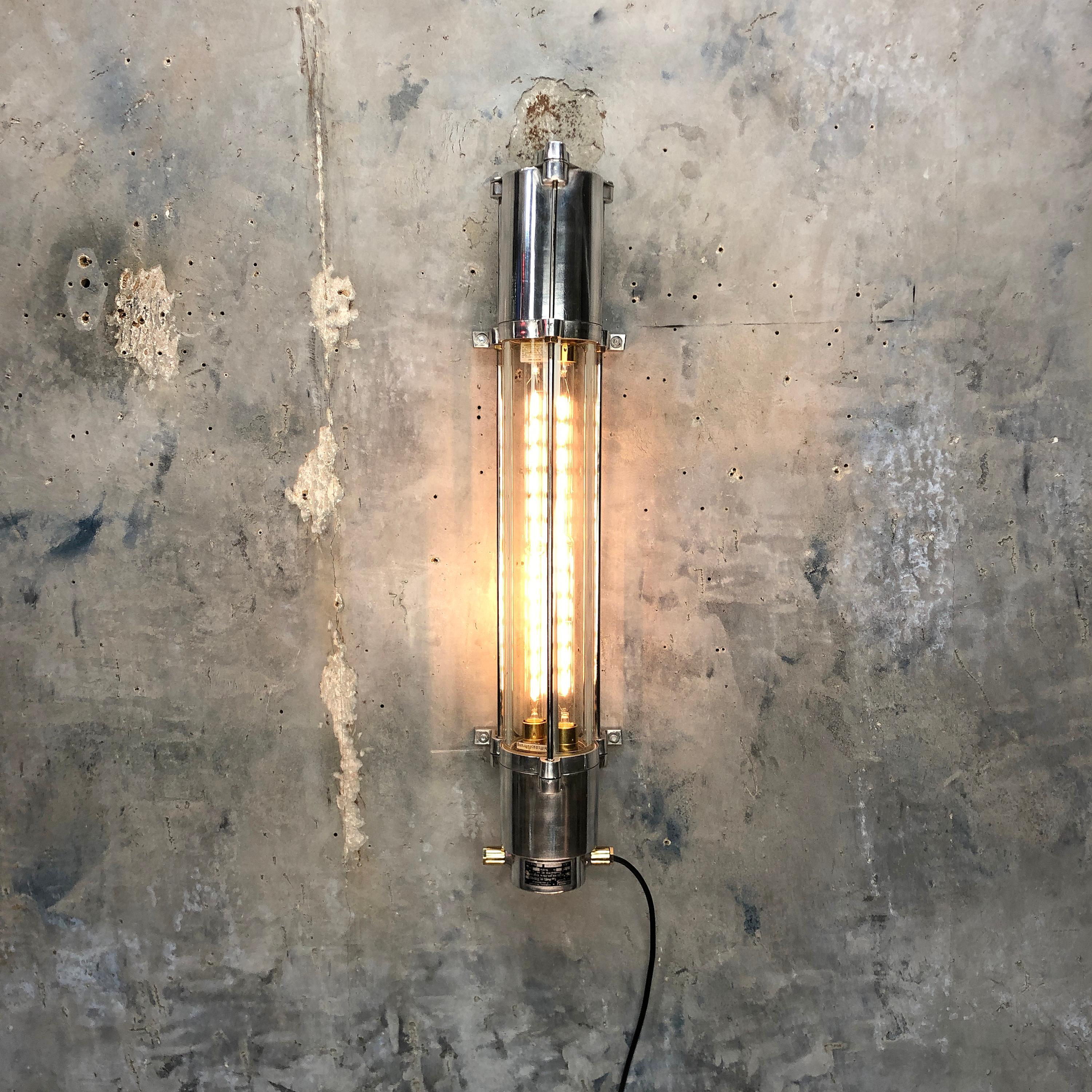 Late 20th Century 1970s German Cast Aluminium and Glass Edison LED Tube Flameproof Wall Striplight For Sale