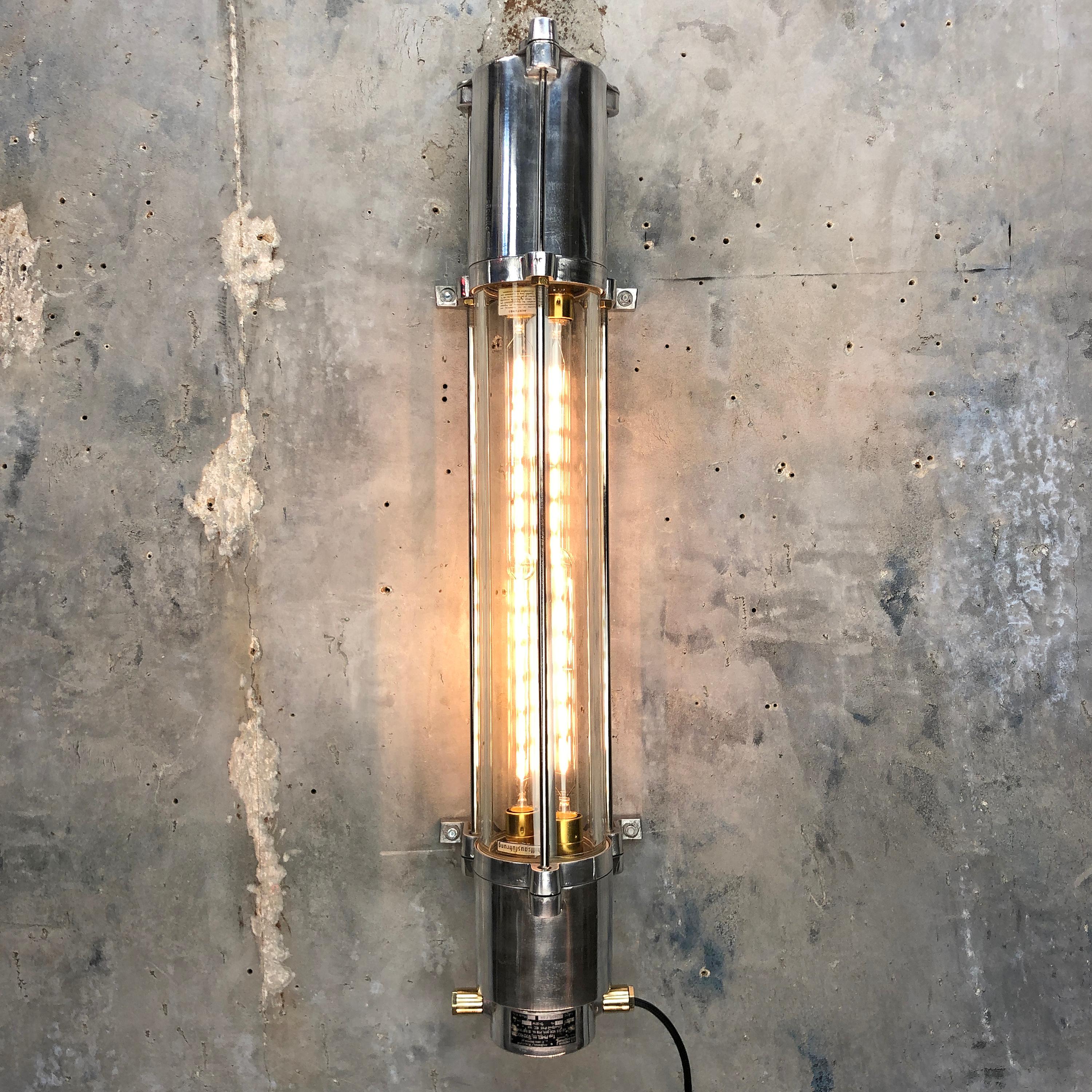 1970s German Cast Aluminium and Glass Edison LED Tube Flameproof Wall Striplight For Sale 1