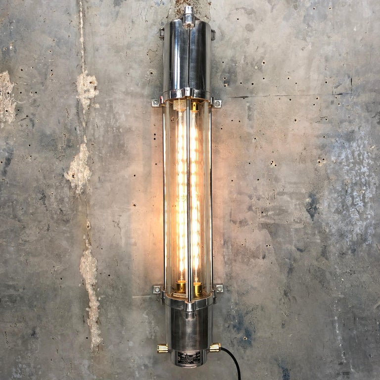 1970s German Cast Aluminium and Glass Edison LED Tube Flameproof Wall Striplight For Sale 2