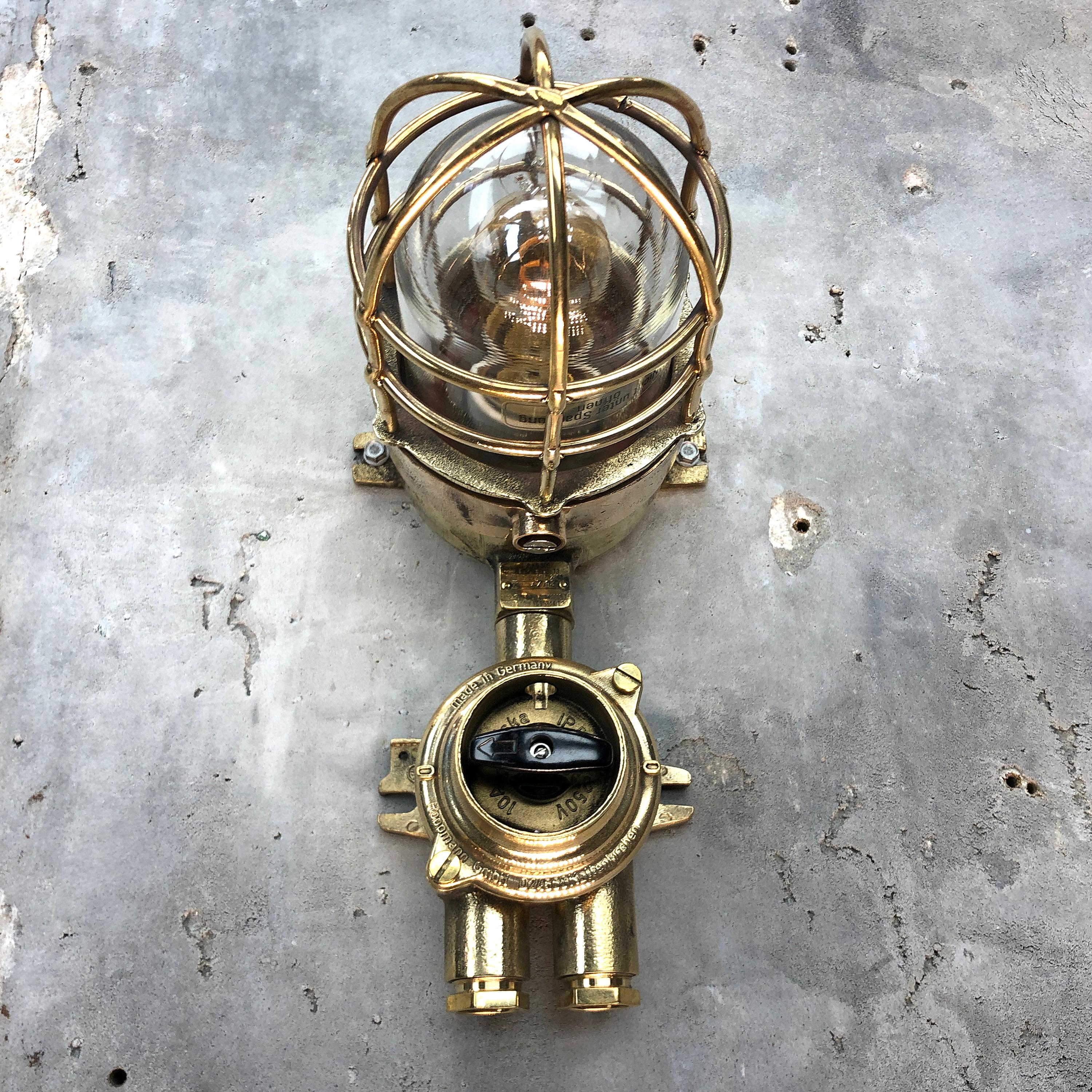 1970s German Cast Brass Explosion Proof Wall Light Glass Shade and Rotary Switch For Sale 4
