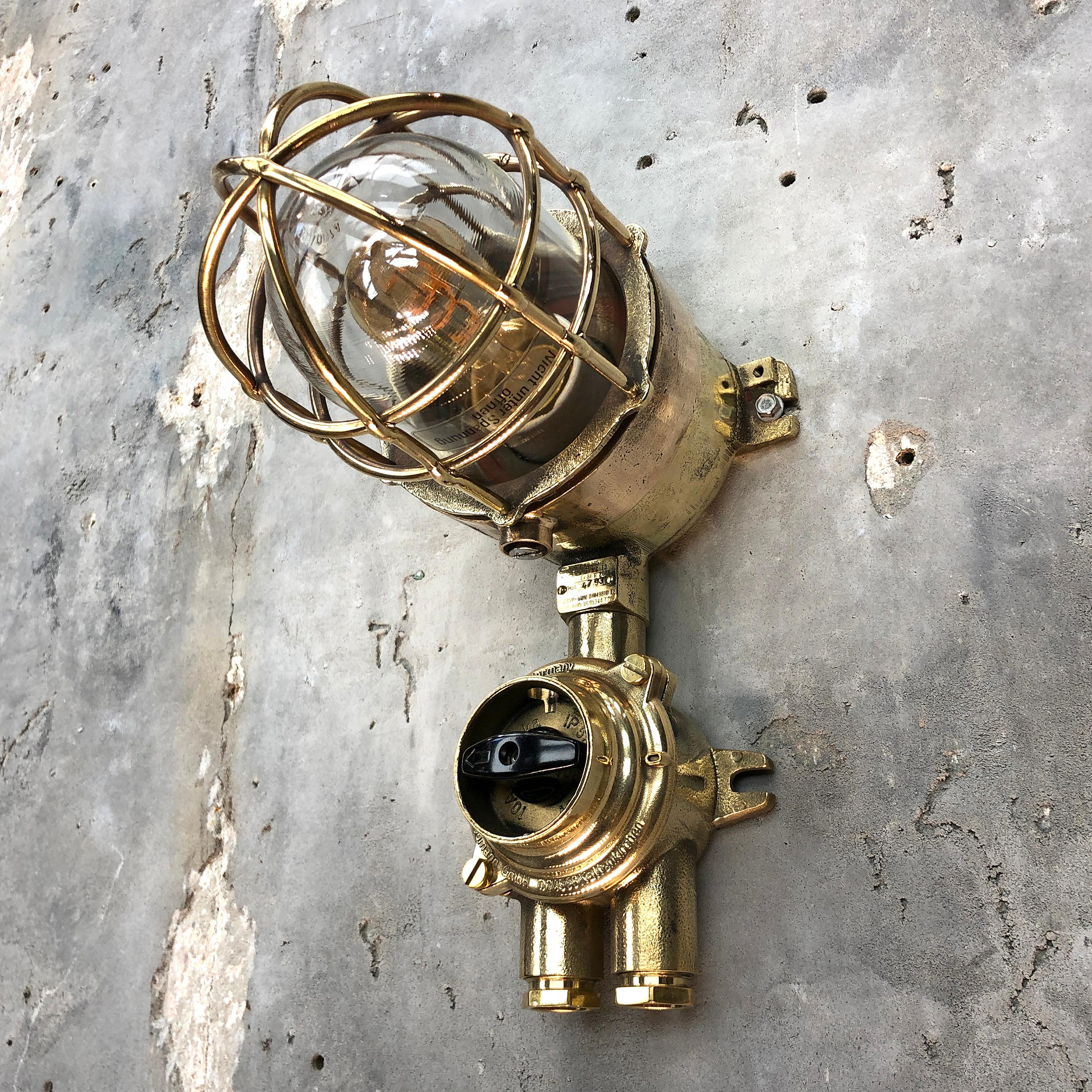 1970s German Cast Brass Explosion Proof Wall Light Glass Shade and Rotary Switch For Sale 5