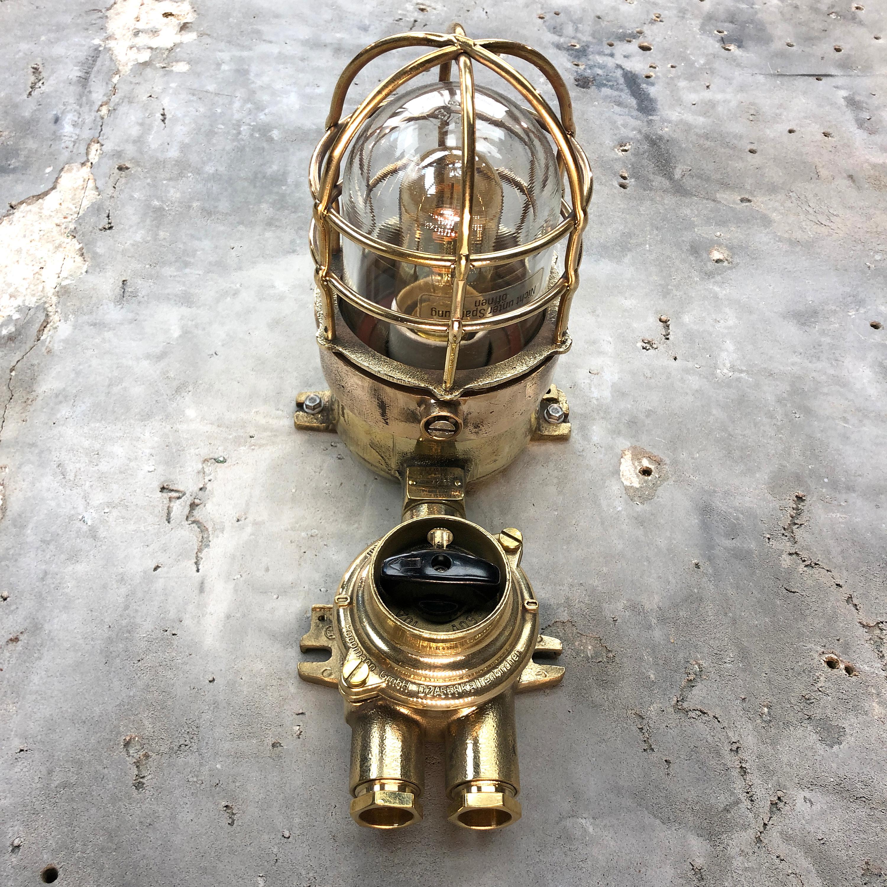 1970s German Cast Brass Explosion Proof Wall Light Glass Shade and Rotary Switch For Sale 7