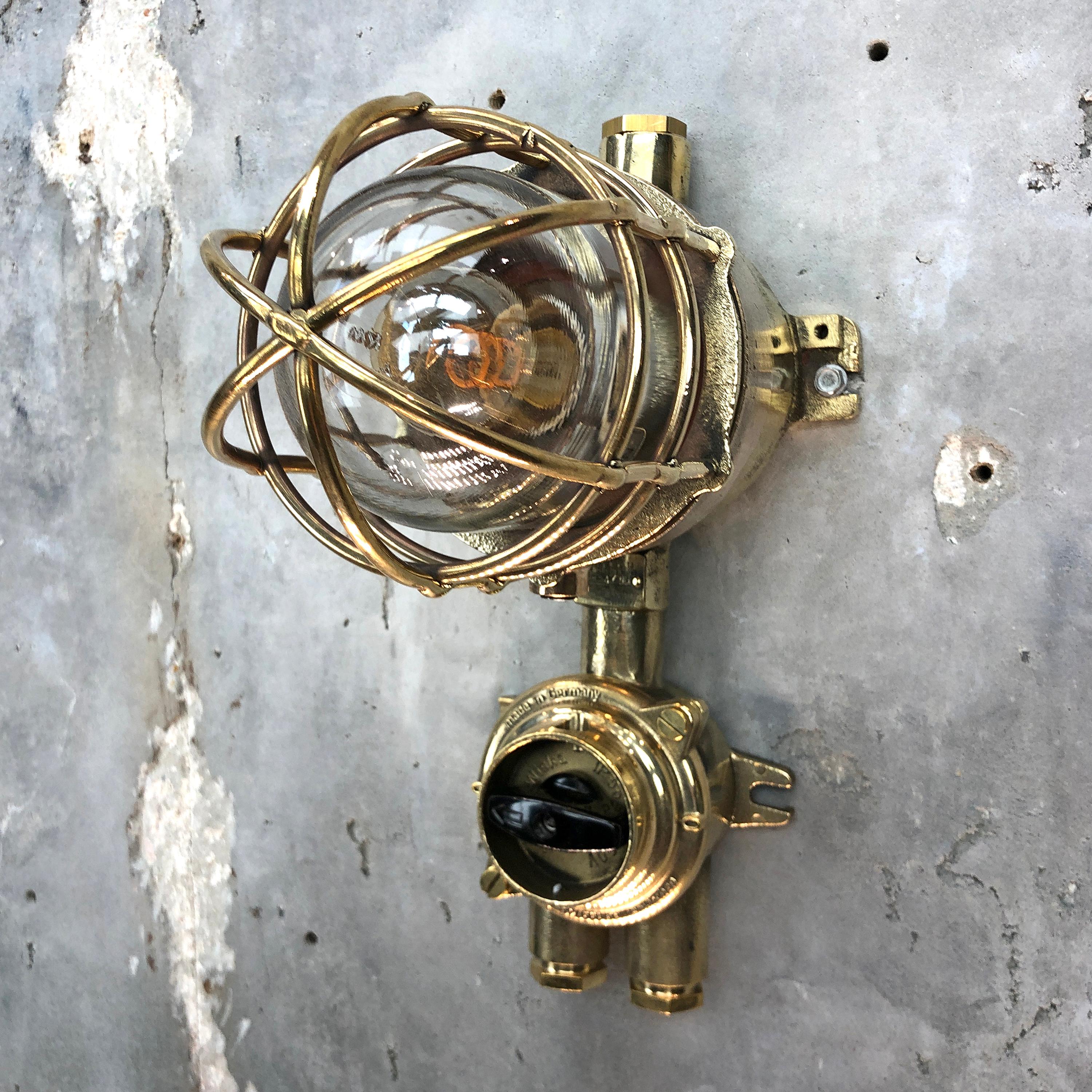 Industrial 1970s German Cast Brass Explosion Proof Wall Light Glass Shade and Rotary Switch For Sale