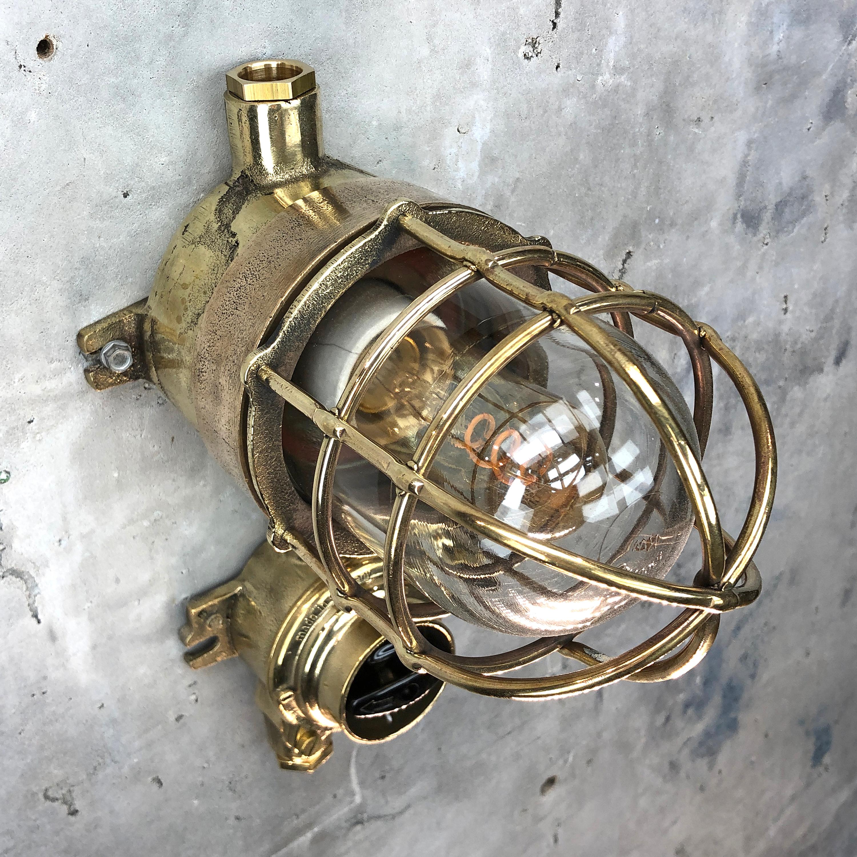 1970s German Cast Brass Explosion Proof Wall Light Glass Shade and Rotary Switch For Sale 2