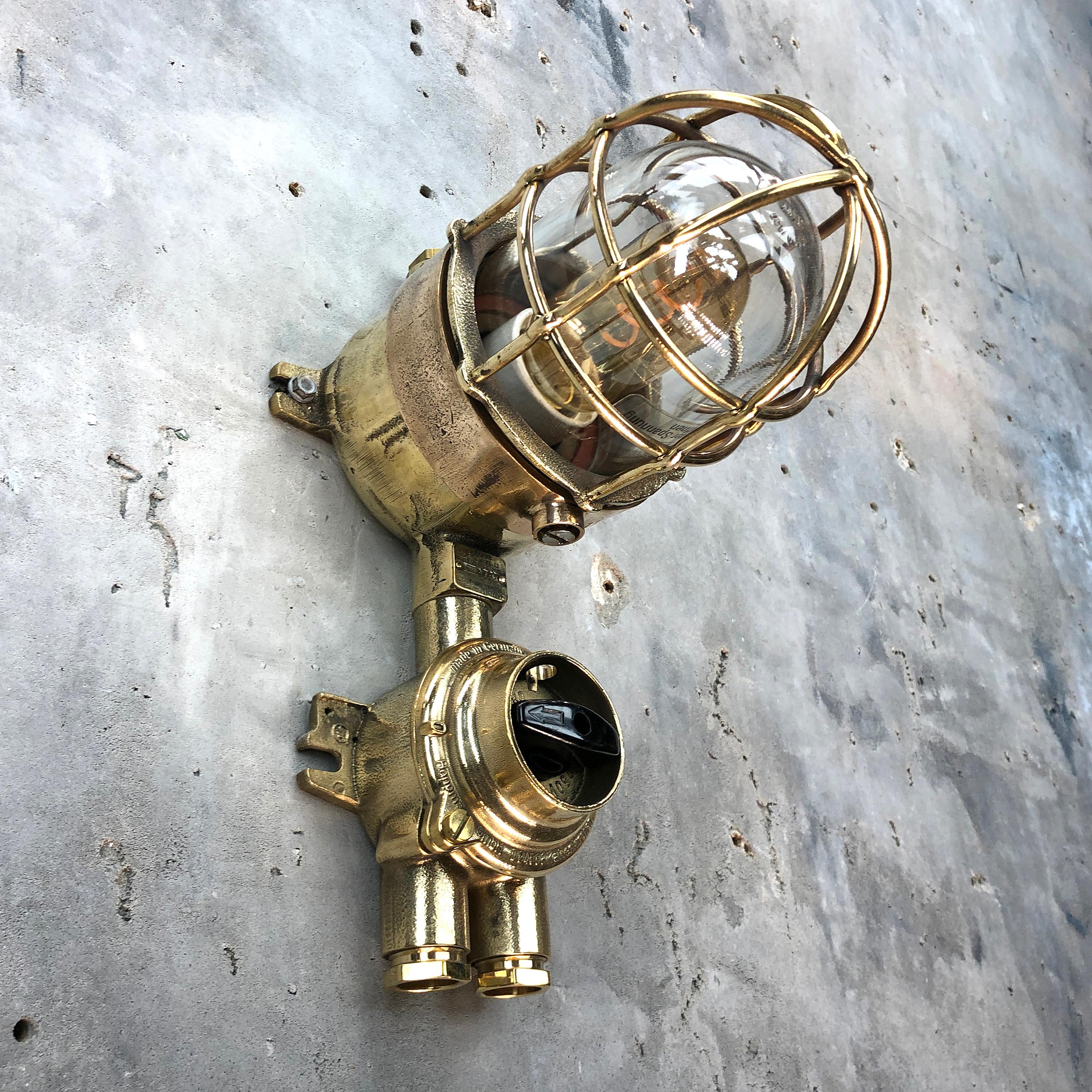 1970s German Cast Brass Explosion Proof Wall Light Glass Shade and Rotary Switch For Sale 2