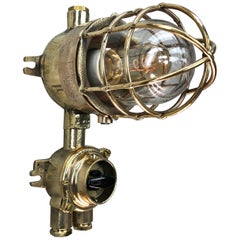 Retro 1970s German Cast Brass Explosion Proof Wall Light Glass Shade and Rotary Switch