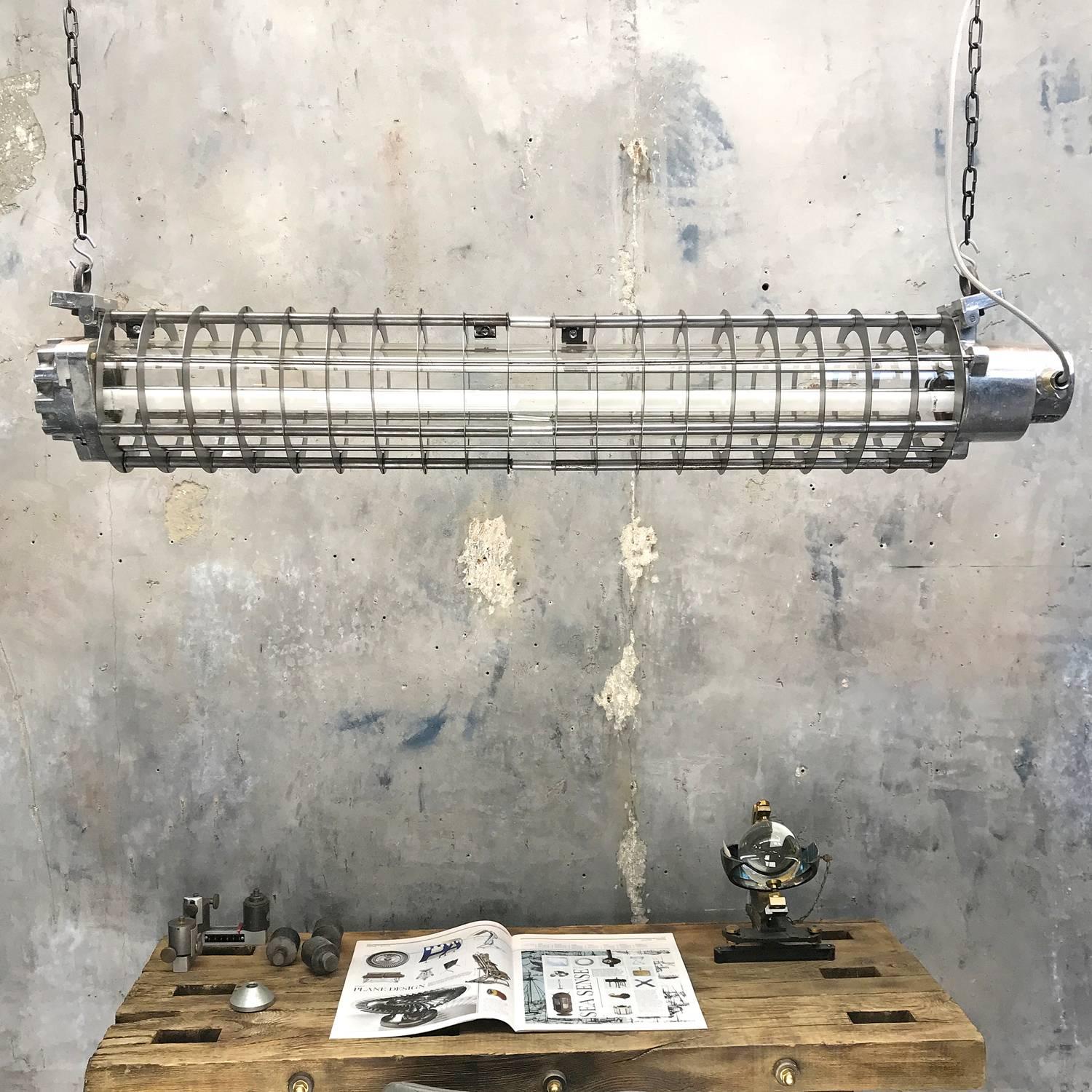 Late 20th Century 1970s German Cast Metal Explosion Proof Strip Light with Glass and Steel Shade