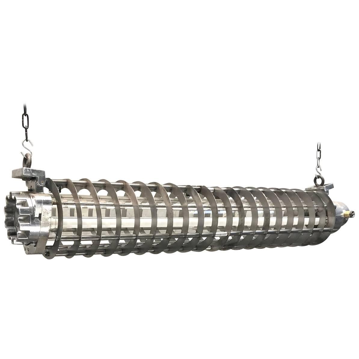 1970s German Cast Metal Explosion Proof Strip Light with Glass and Steel Shade