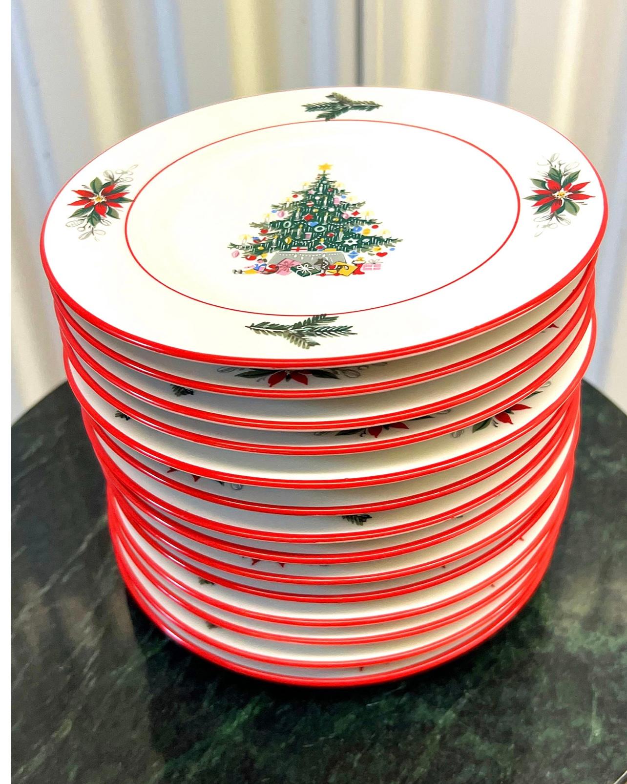 This festive pattern was produced by Schumann from 1970 through 1980 and is now discontinued. It features a Christmas tree center on white with red trim. I’m not one to seek out a lot of holiday specific decor but these were prettier than a lot of