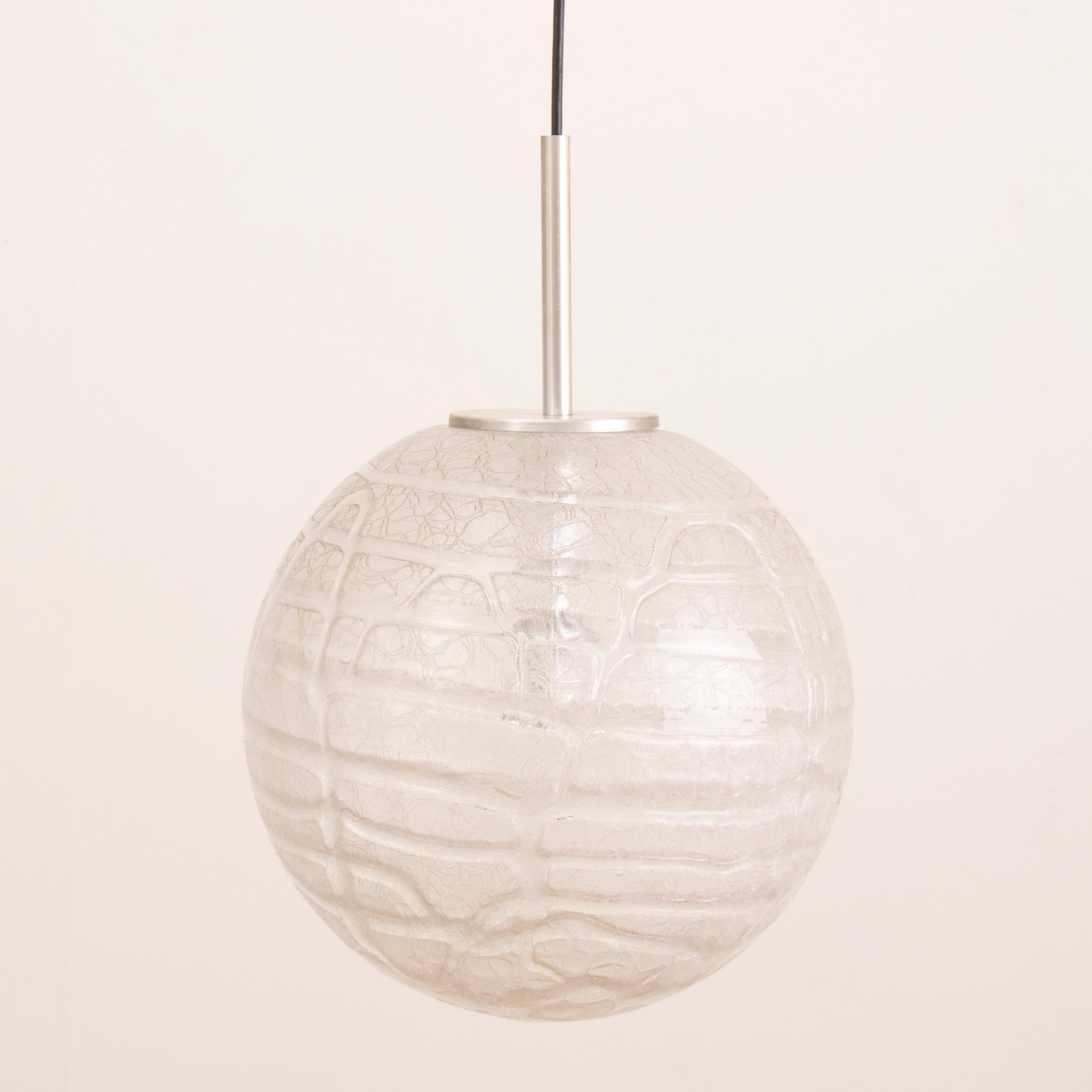 1970s globe, crackle, frosted, glass, pendant, hanging-light manufactured by Doria Leuchten, Germany. The glass globe is suspended from a polished chrome fixture and black wire flex which can be adjusted to your specific height requirements. A black