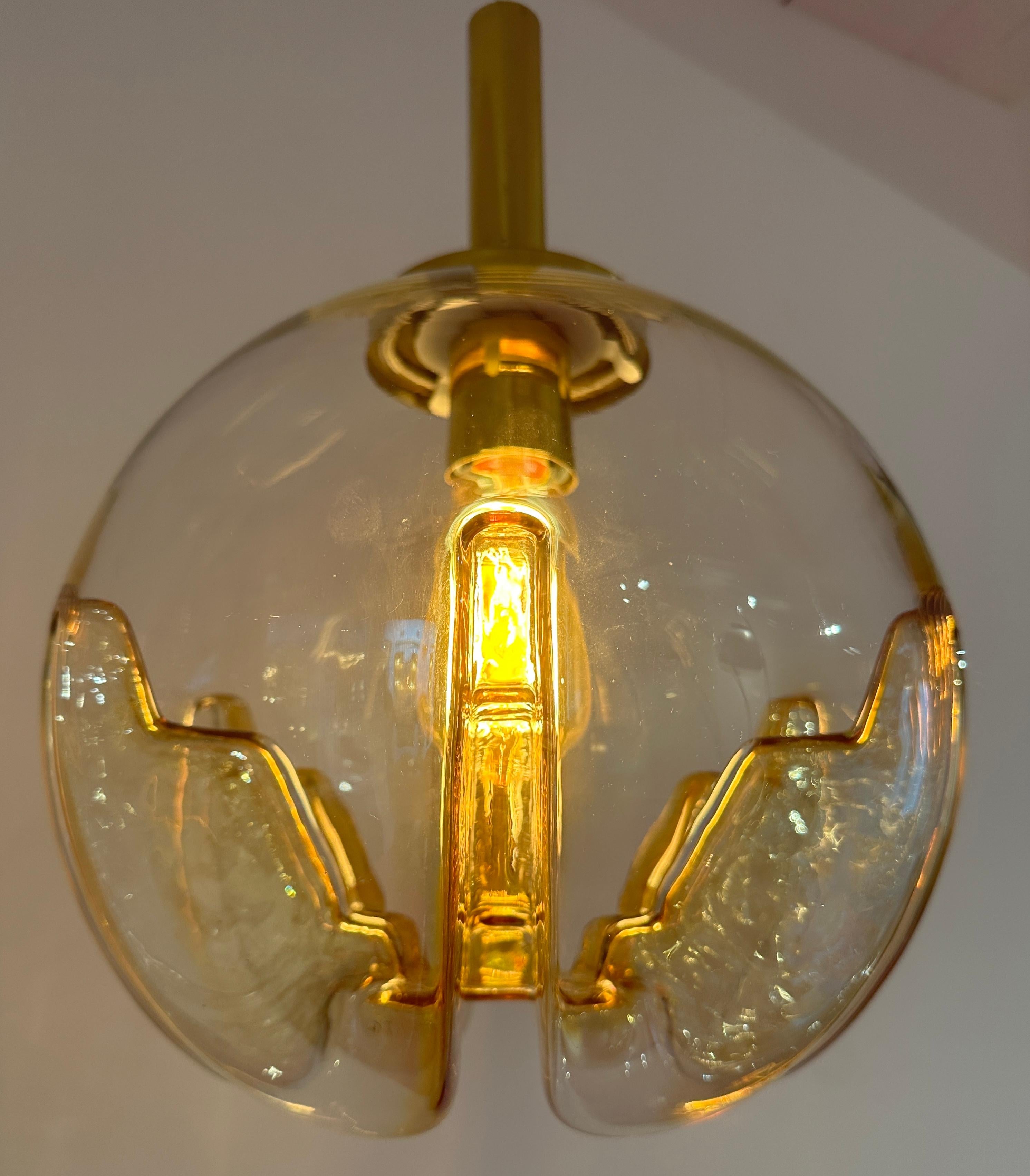 1970s German Doria Leuchten Amber Glass Globe & Brass Ceiling Hanging Light 5