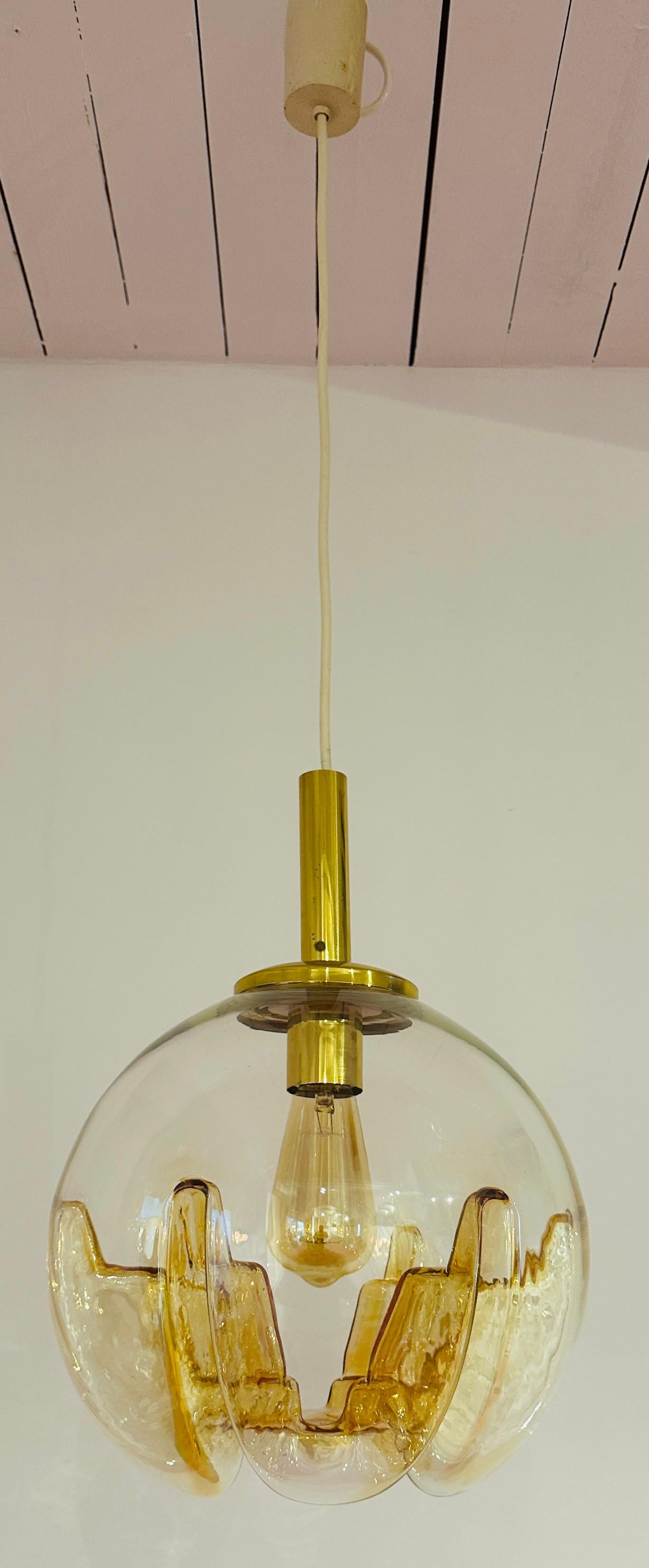 1970s German Doria Leuchten Amber Glass Globe & Brass Ceiling Hanging Light 7