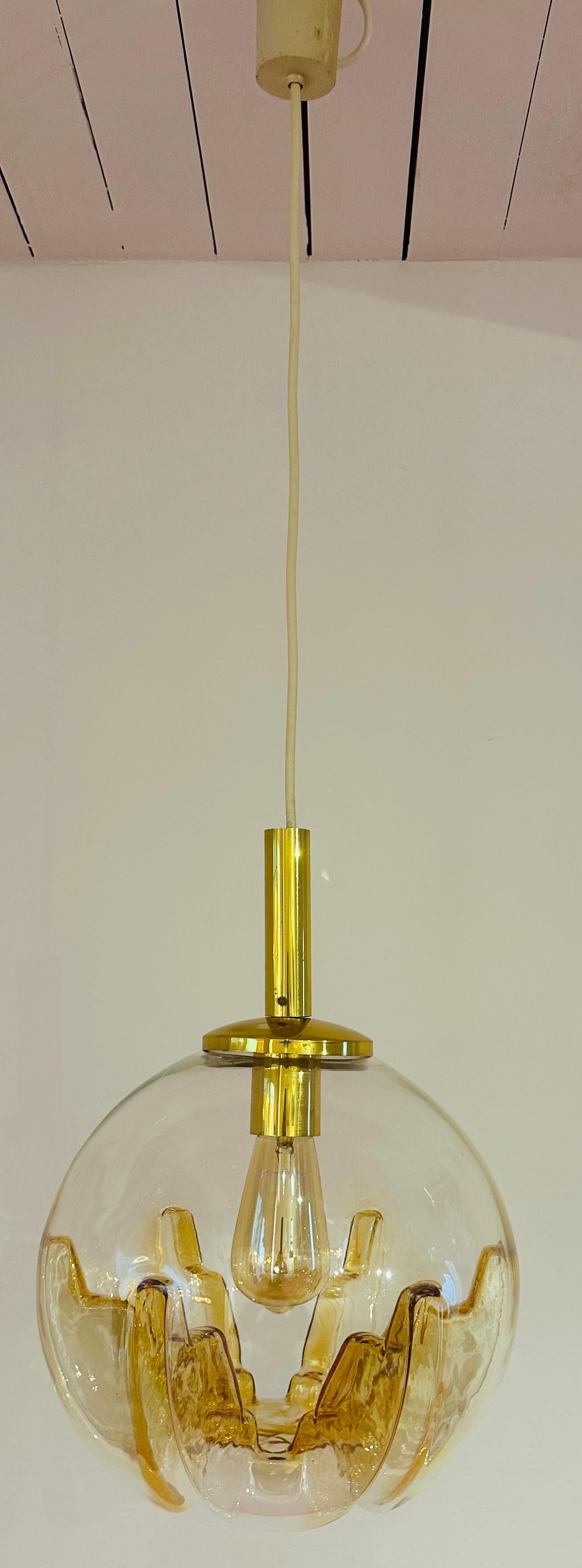 1970s German Doria Leuchten Amber Glass Globe & Brass Ceiling Hanging Light 8