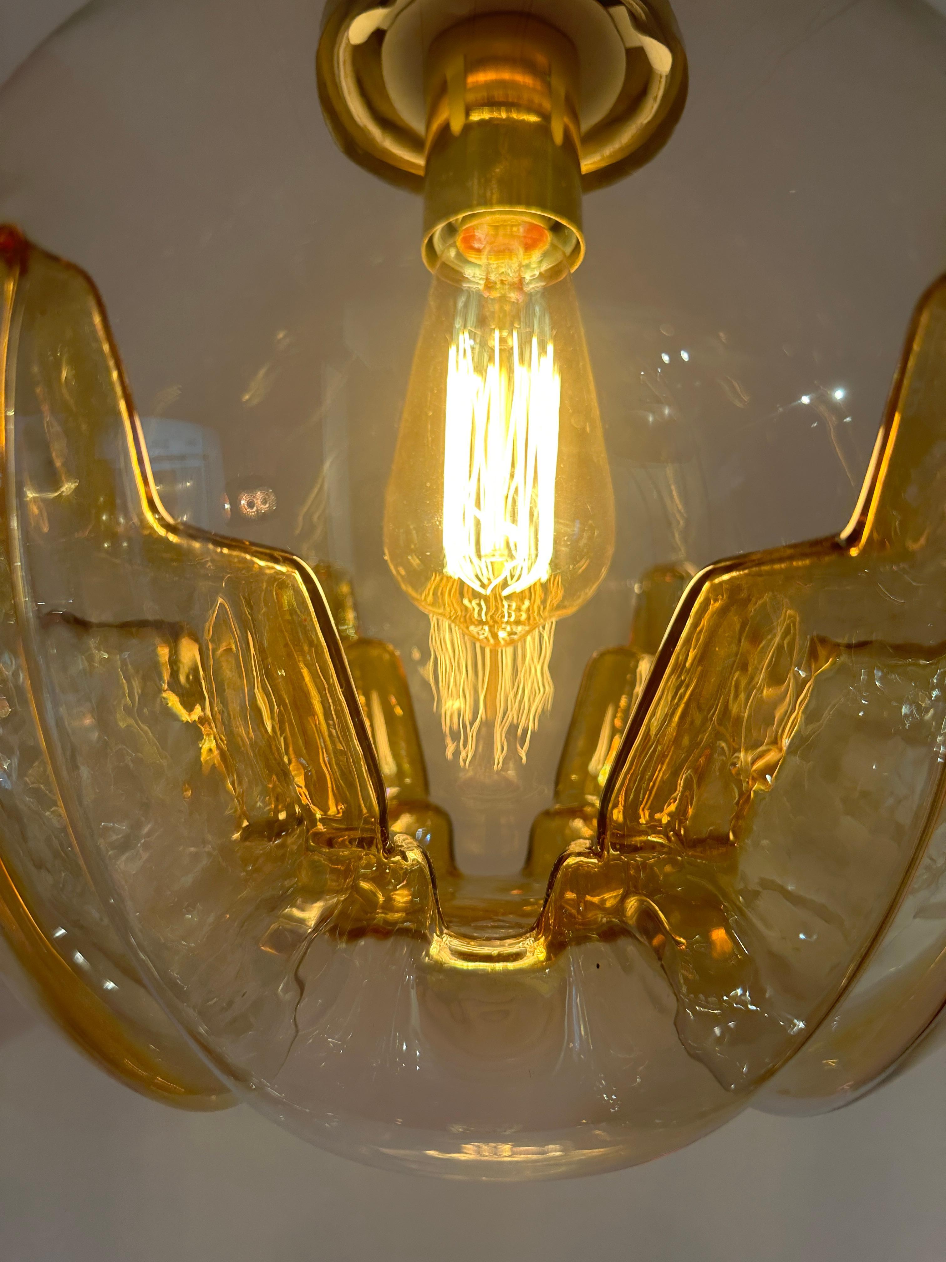 1970s German Doria Leuchten Amber Glass Globe & Brass Ceiling Hanging Light 4