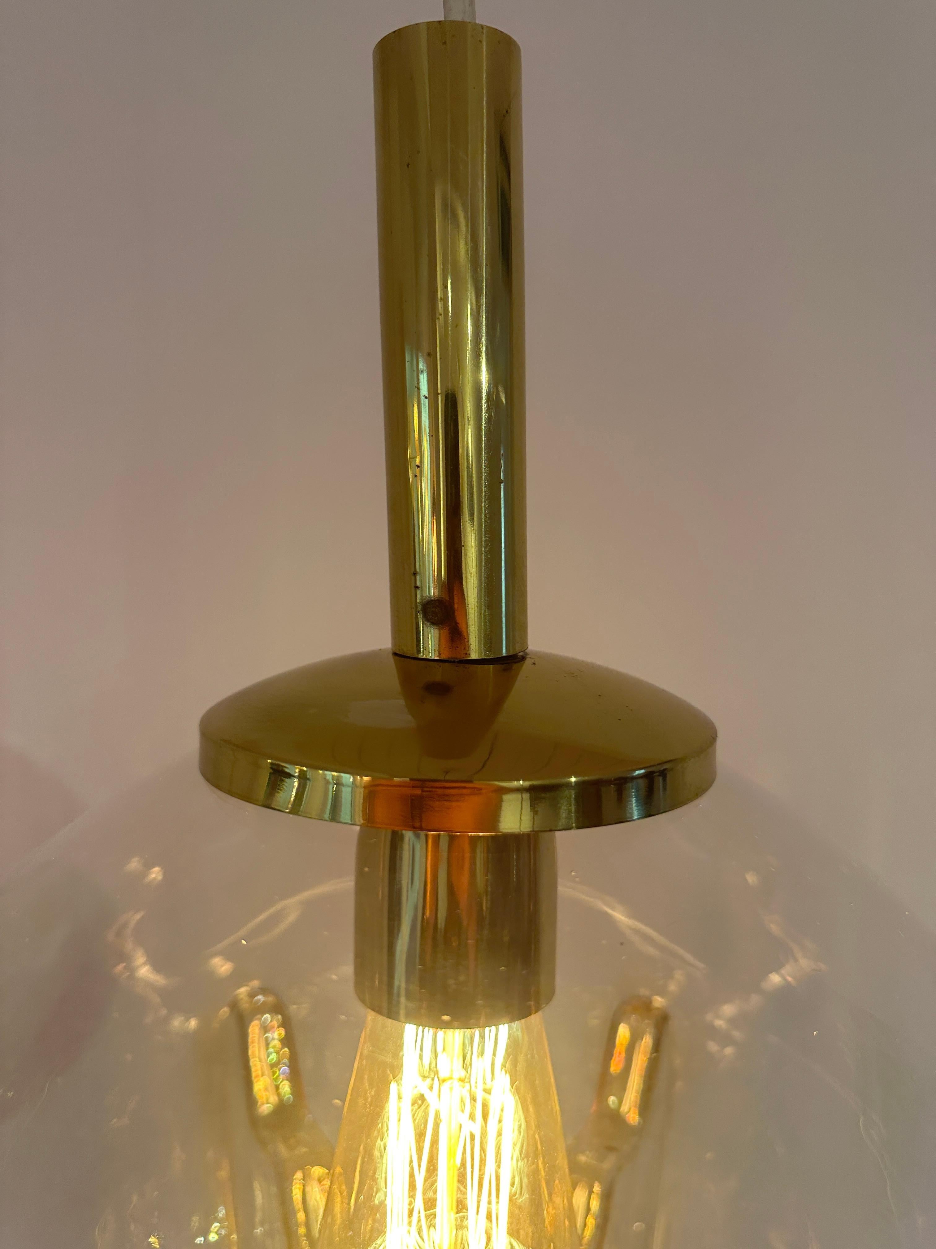 1970s German Doria Leuchten Amber Glass Globe & Brass Ceiling Hanging Light 6