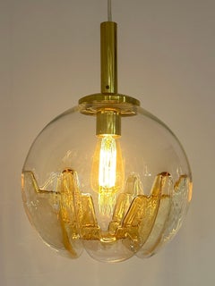 1970s German Doria Leuchten Amber Glass Globe & Brass Ceiling Hanging Light