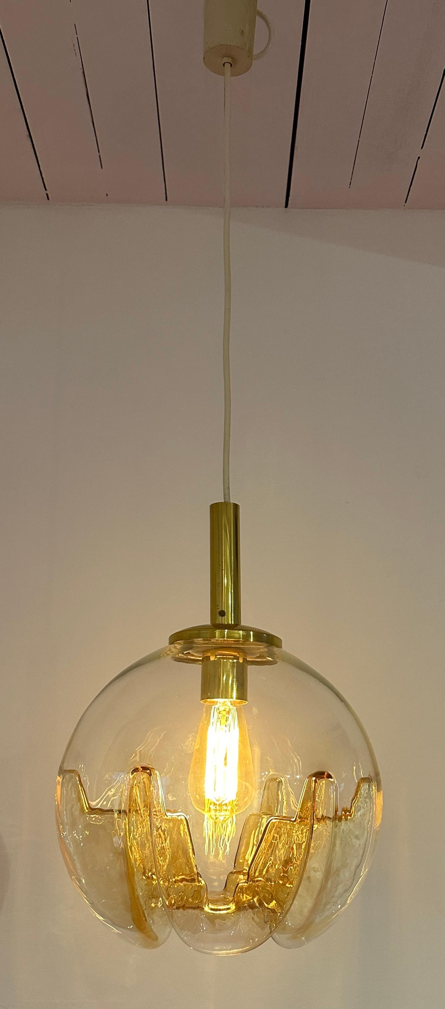 Space Age 1970s German Doria Leuchten Amber Glass Globe & Brass Ceiling Hanging Light