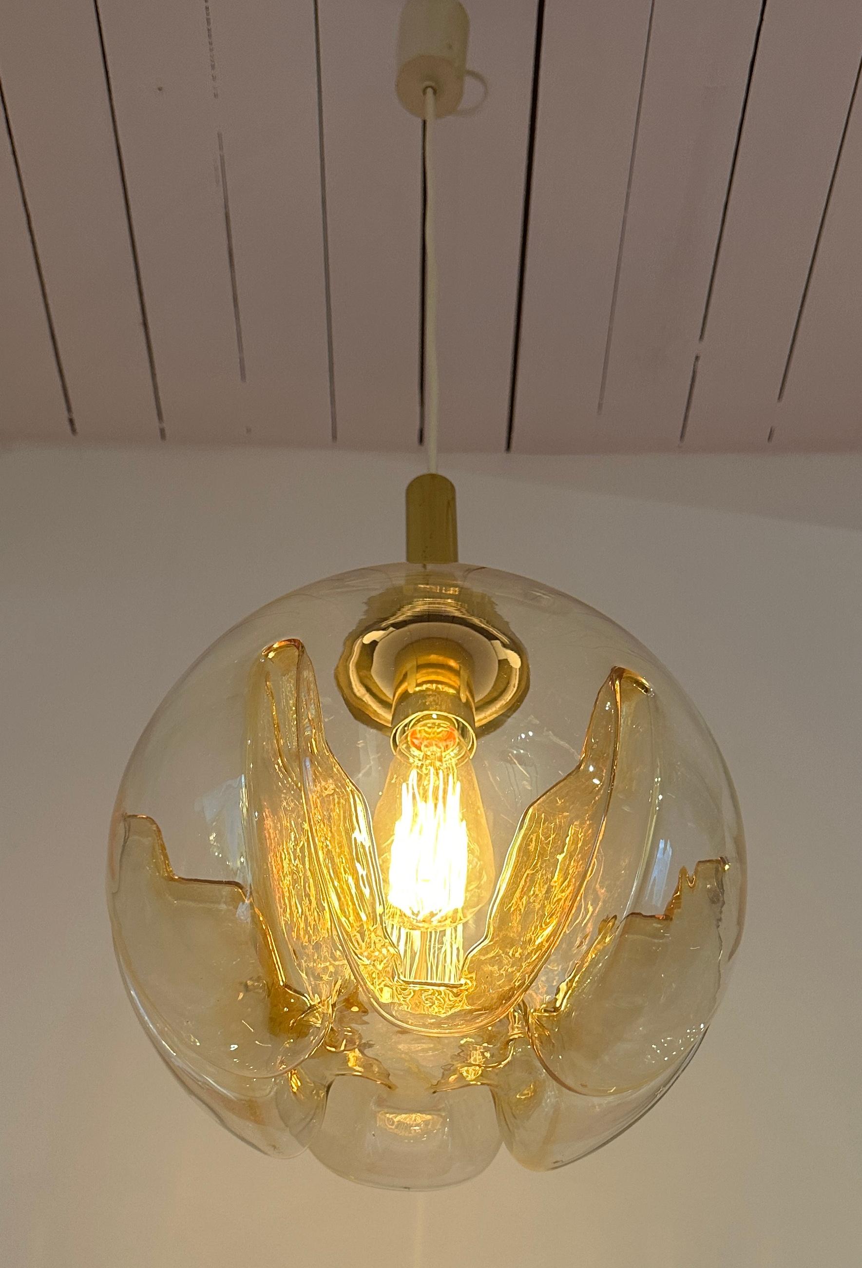 20th Century 1970s German Doria Leuchten Amber Glass Globe & Brass Ceiling Hanging Light