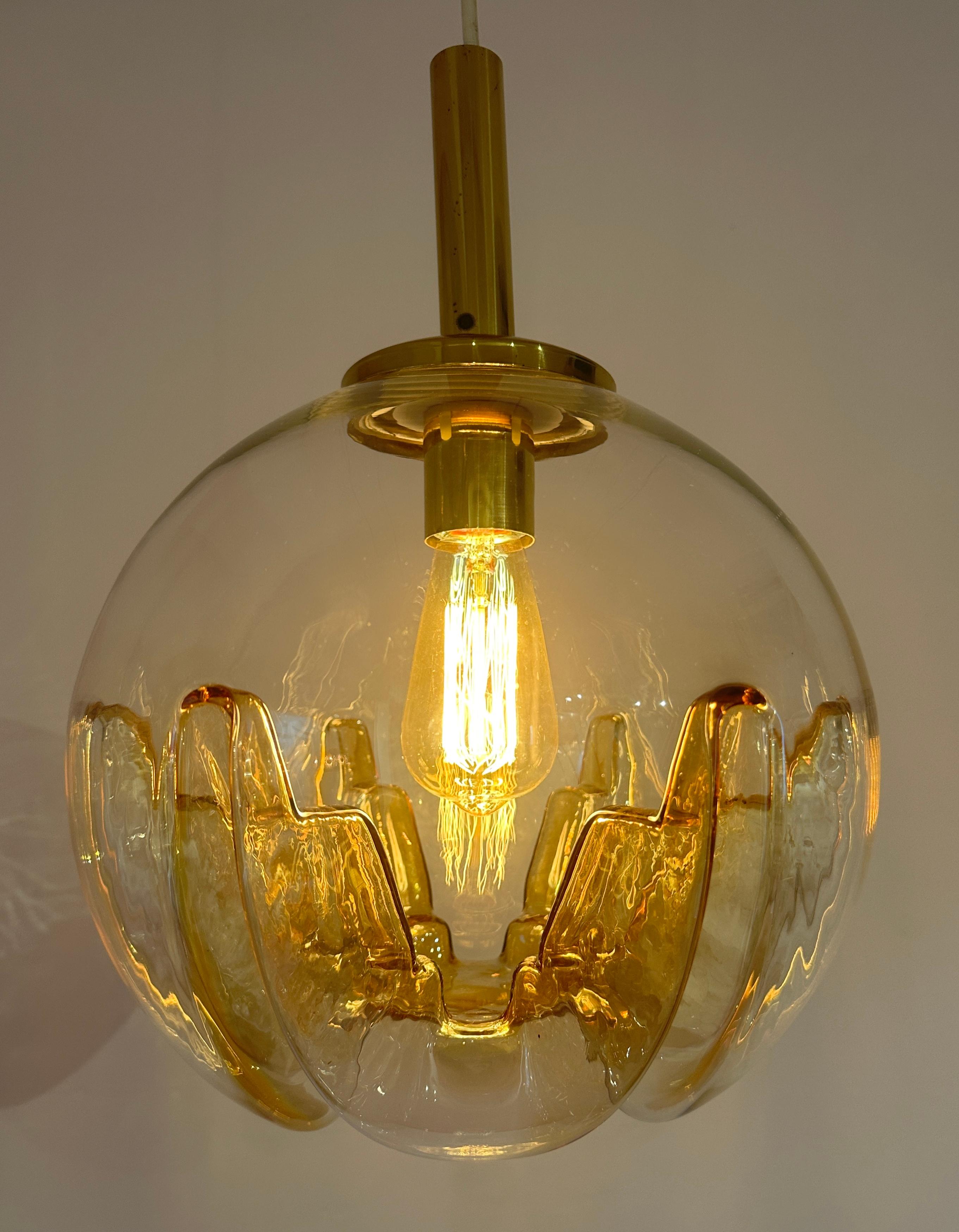 Metal 1970s German Doria Leuchten Amber Glass Globe & Brass Ceiling Hanging Light