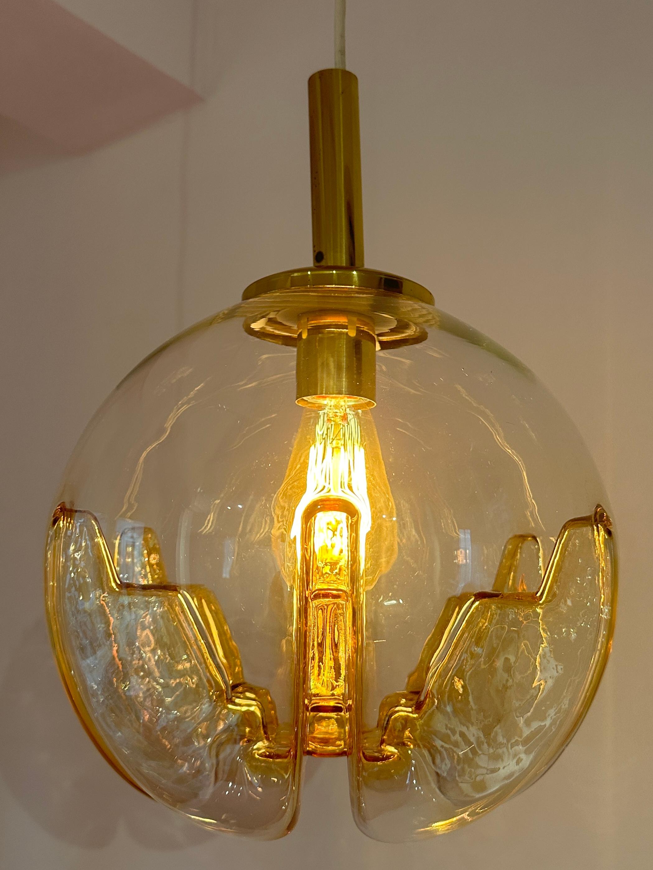 1970s German Doria Leuchten Amber Glass Globe & Brass Ceiling Hanging Light 1
