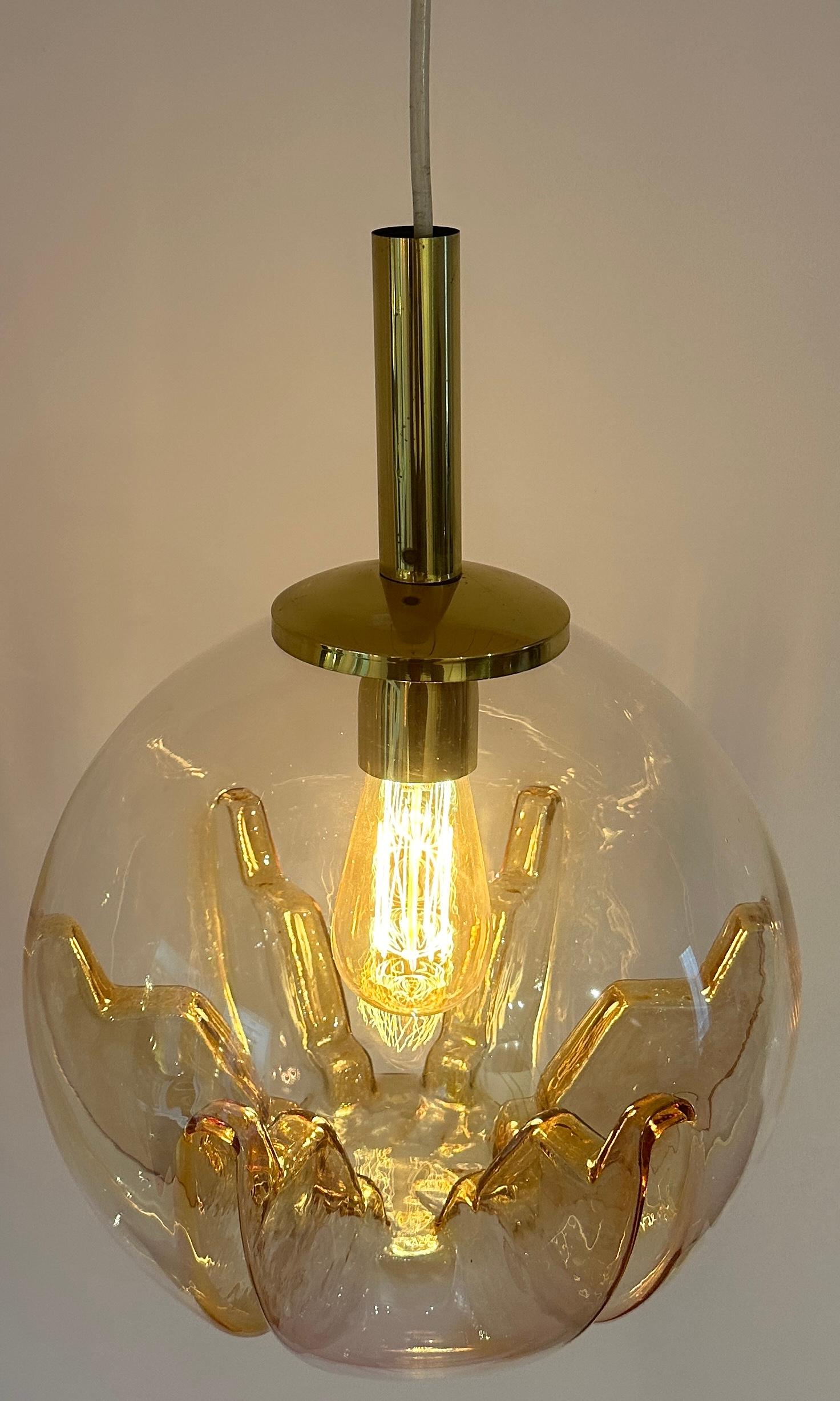 1970s German Doria Leuchten Amber Glass Globe & Brass Ceiling Hanging Light 2