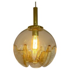 1970s German Doria Leuchten Amber Glass Globe & Brass Ceiling Hanging Light