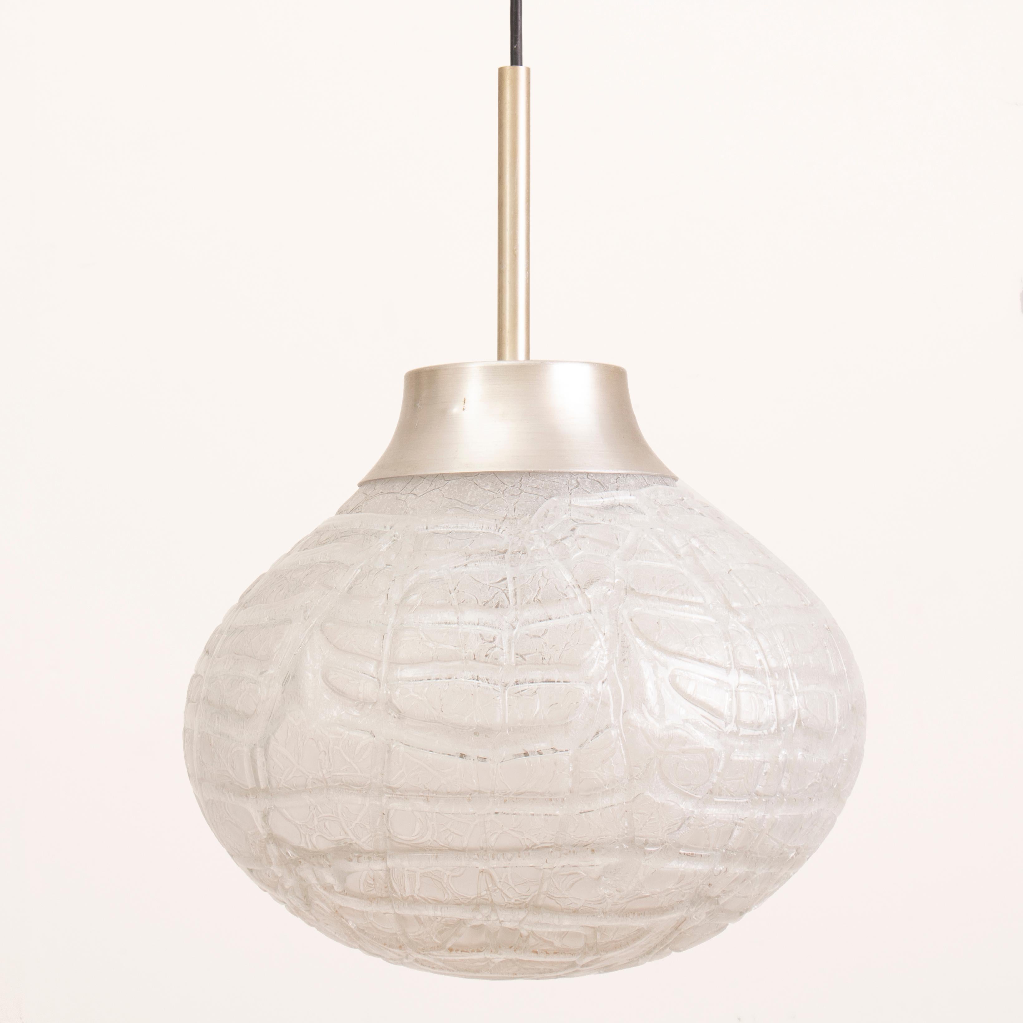 1970s German Doria Leuchten Crackle Glass Oval Bulbous Pendant Hanging Light In Good Condition In London, GB