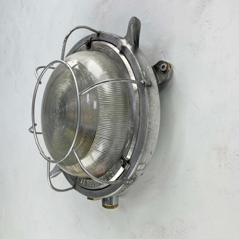 Industrial 1970's German EOW Cast Aluminium Circular Bulkhead Lamp with Reeded Glass For Sale