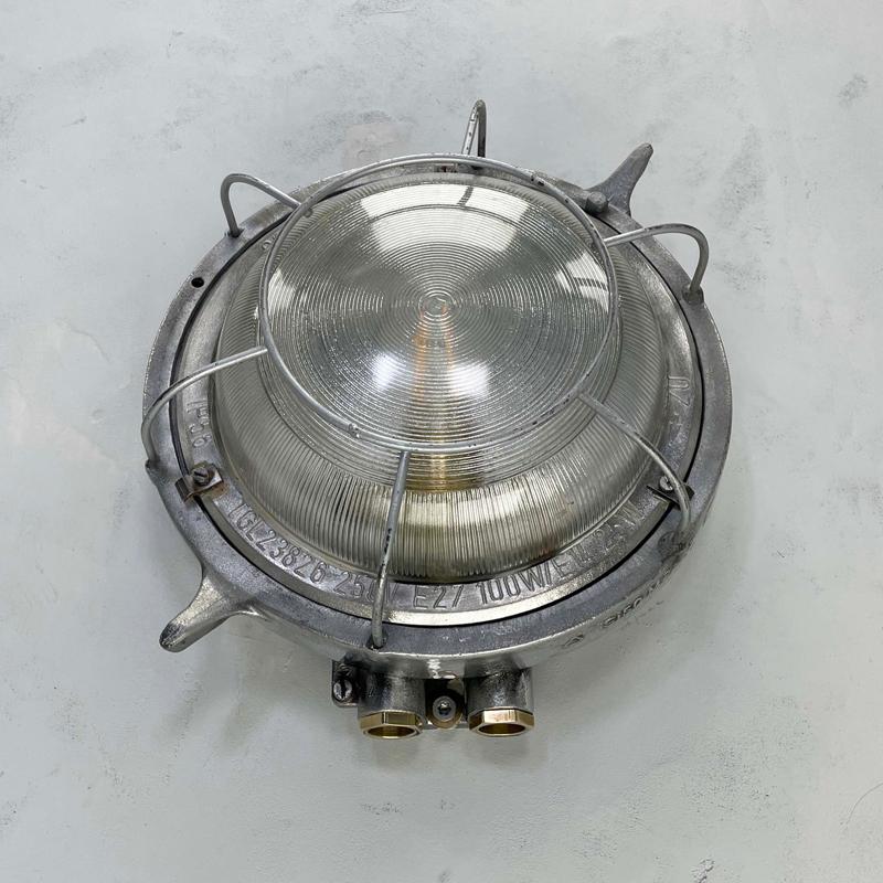 1970's German EOW Cast Aluminium Circular Bulkhead Lamp with Reeded Glass In Good Condition For Sale In Leicester, Leicestershire