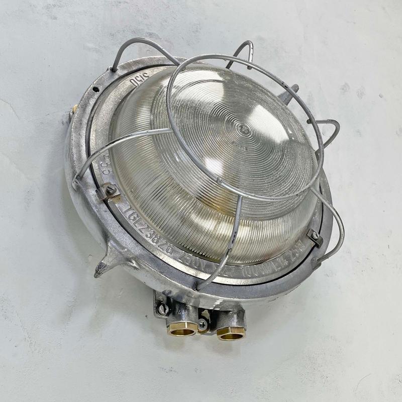 Late 20th Century 1970's German EOW Cast Aluminium Circular Bulkhead Lamp with Reeded Glass For Sale