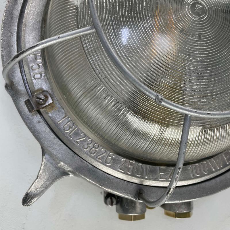 Aluminum 1970's German EOW Cast Aluminium Circular Bulkhead Lamp with Reeded Glass For Sale
