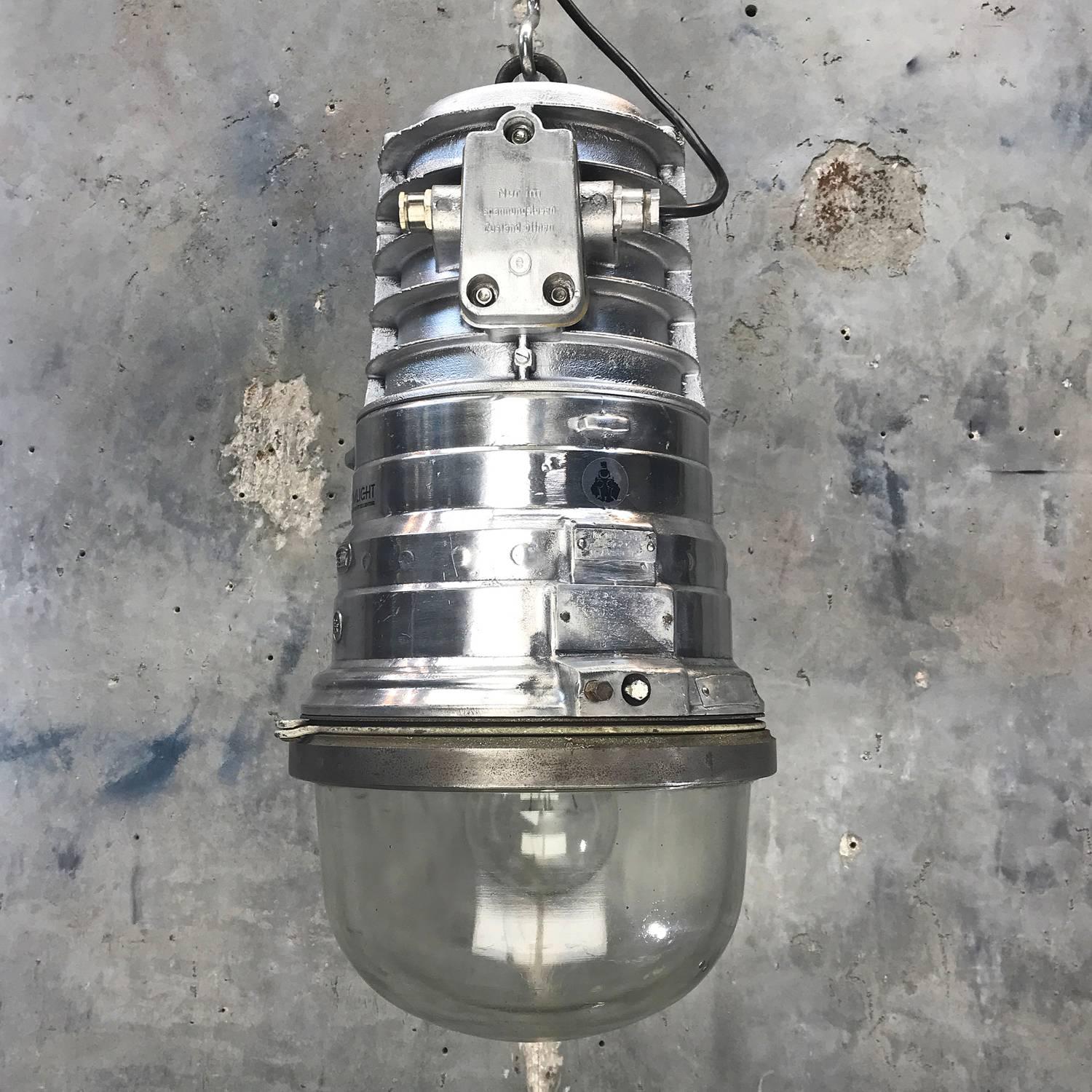 Large vintage explosion proof aluminium ceiling lighting with characterful industrial features. 
Manufactured c1970 by EOW of Germany and refurbished by Loomlight in UK. Supplied with black braided cable, 1 metre of hanging chain and ceiling hook.