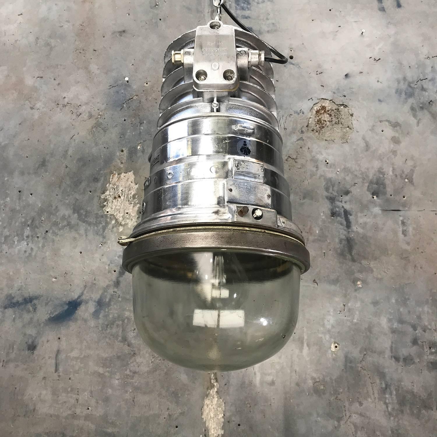 1970s, German EOW Cast Aluminium Explosion Proof Pendant Tempered Glass Dome E40 In Good Condition For Sale In Leicester, Leicestershire