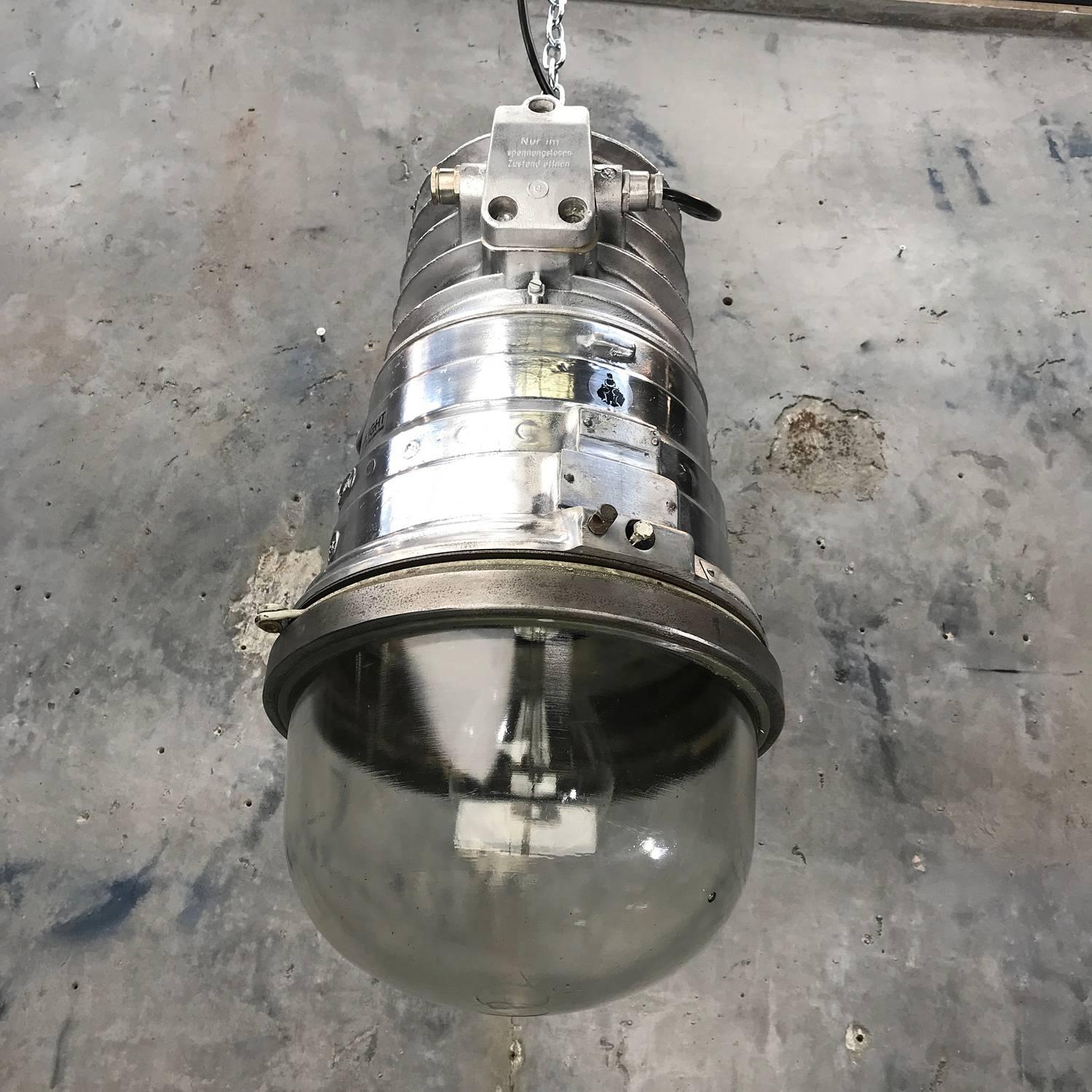 1970s, German EOW Cast Aluminium Explosion Proof Pendant Tempered Glass Dome E40 In Excellent Condition In Leicester, Leicestershire