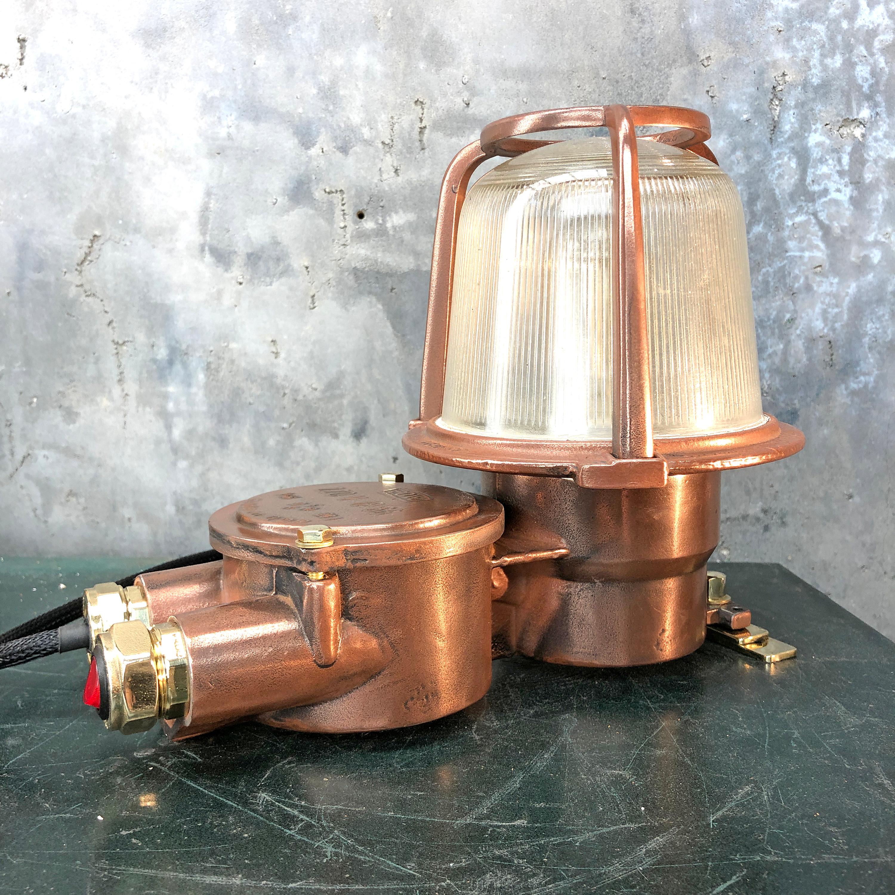 Industrial 1970s German EOW GDR Copper, Brass and Holophane Glass Wall Light / Table Lamp For Sale