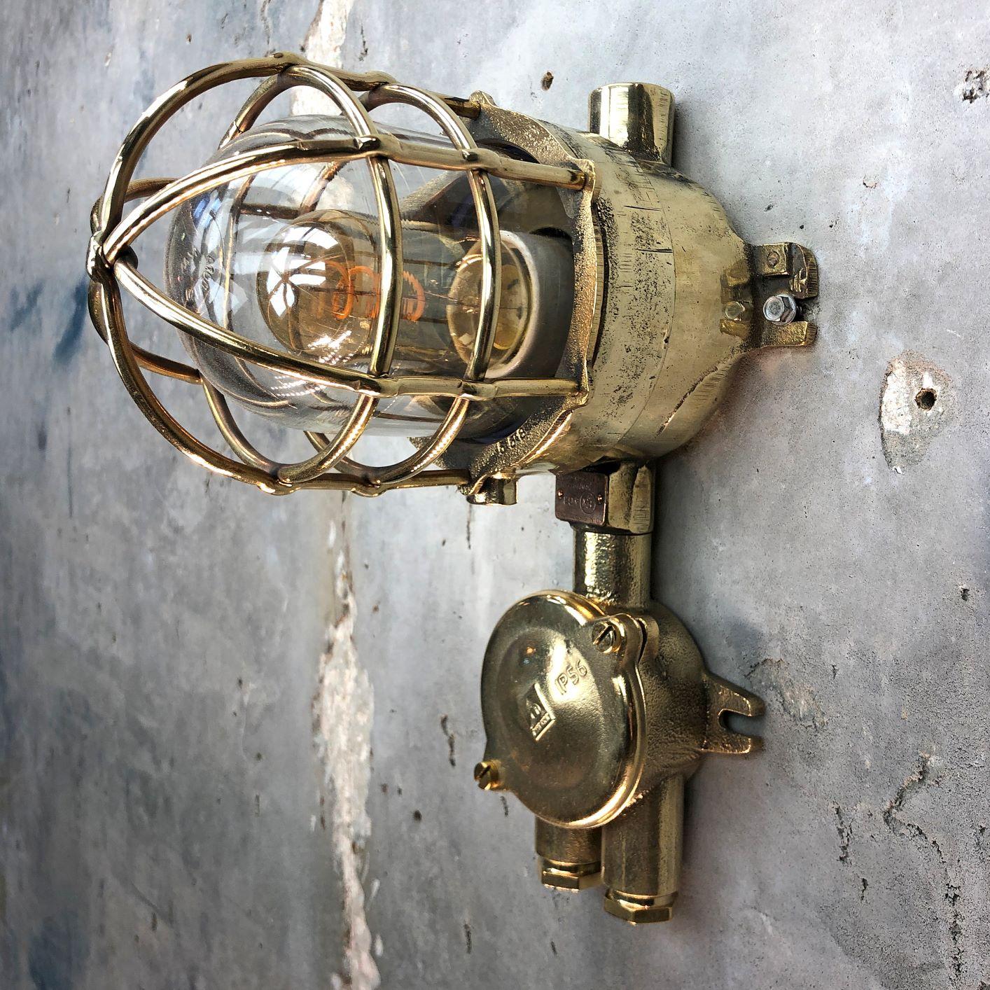 Industrial 1970s German Explosion Proof Cast Brass and Junction Box Outdoor Wall Light For Sale
