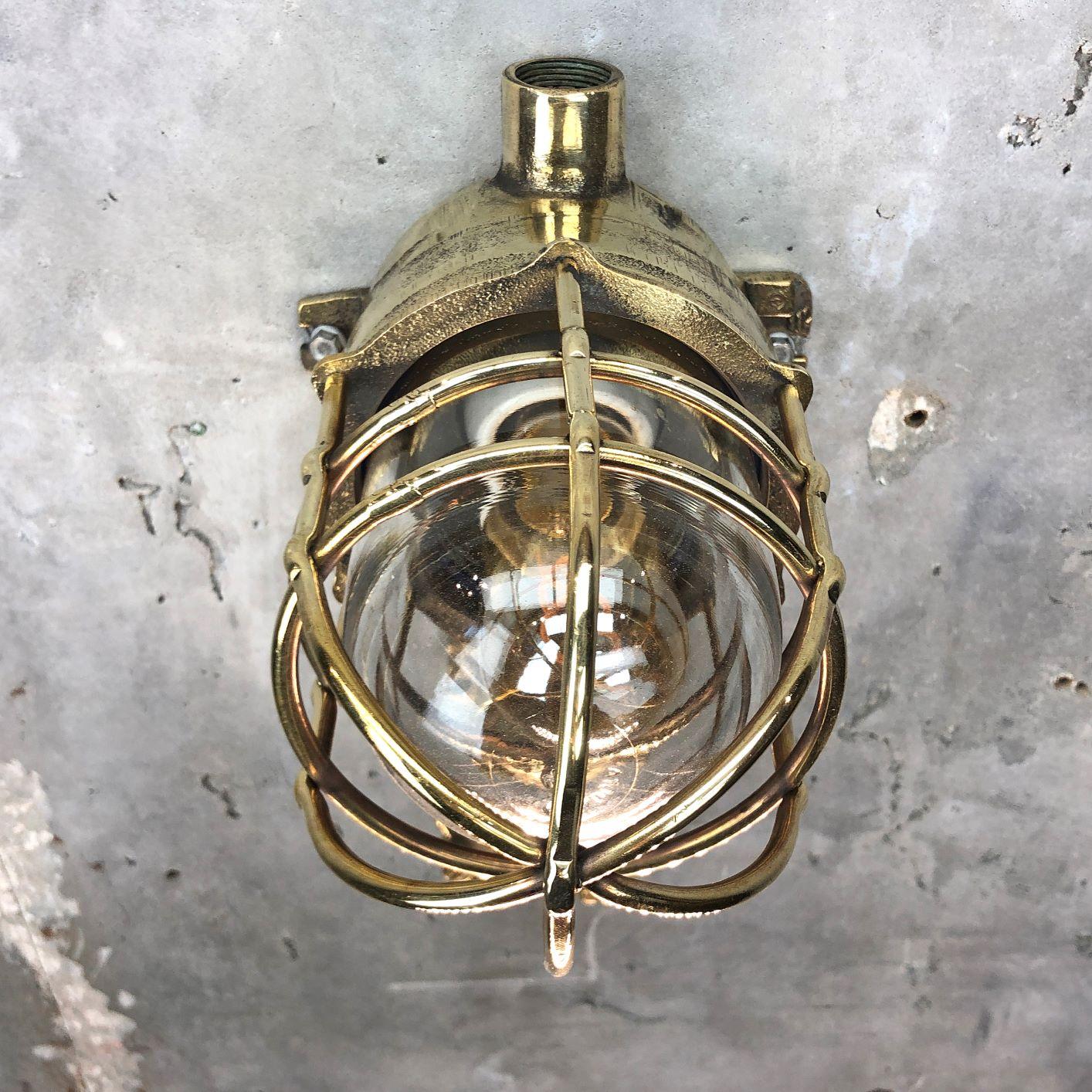Glass 1970s German Explosion Proof Cast Brass and Junction Box Outdoor Wall Light For Sale