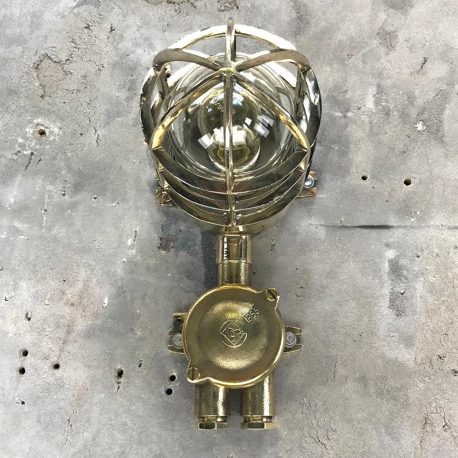 1970s German Explosion Proof Wall Light Cast Brass, Glass Shade and Junction Box 3