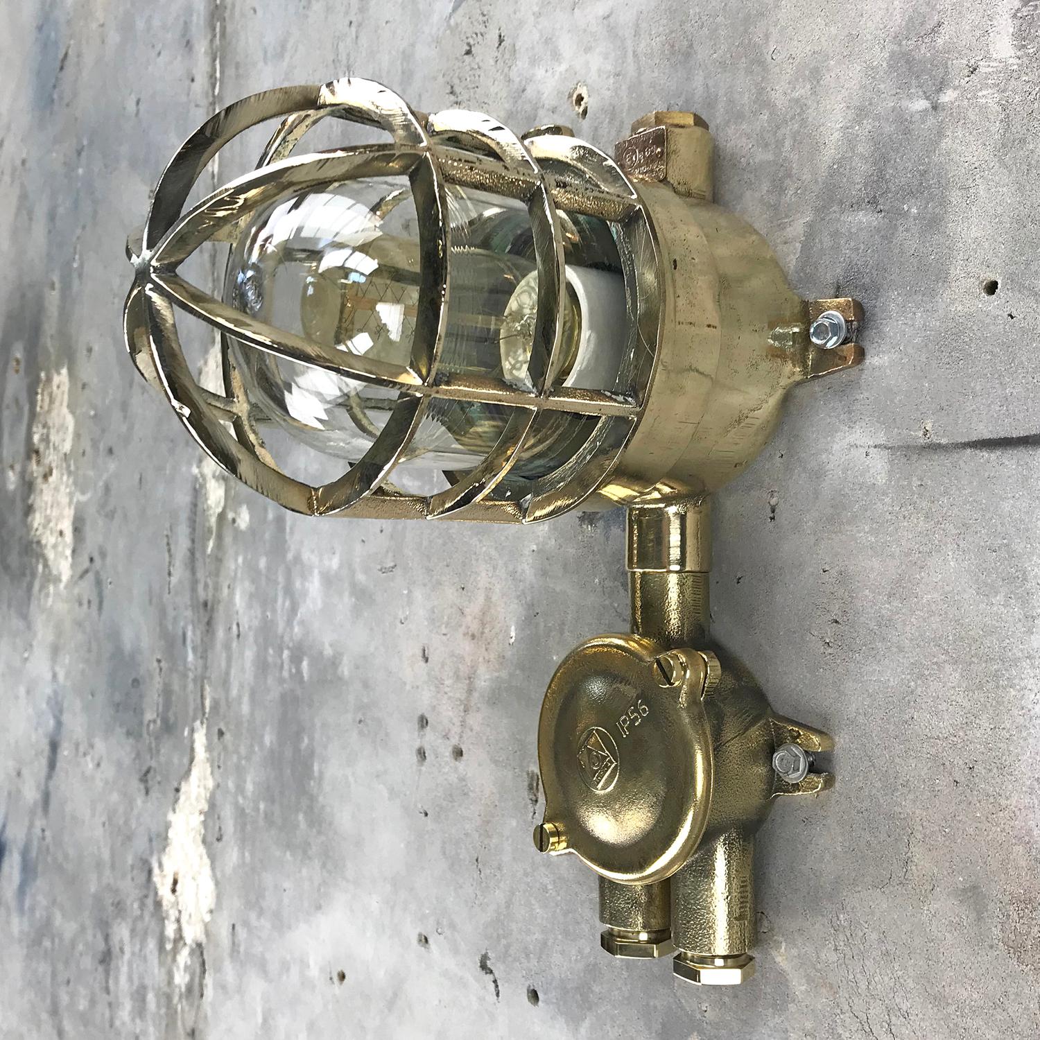 1970s German Explosion Proof Wall Light Cast Brass, Glass Shade and Junction Box 6