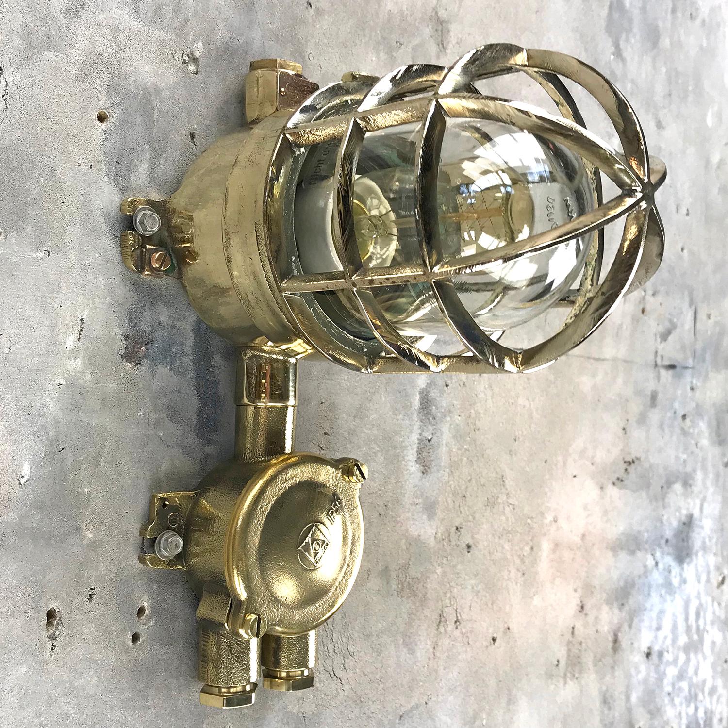 Solid cast bronze and brass explosion proof pendant manufactured, circa 1975 made by Wiska and Centurion who are manufacturers of Ex. (explosion proof) rated fixtures, the lamp comes fitted with a cast brass Wiska junction box for ease of electrical