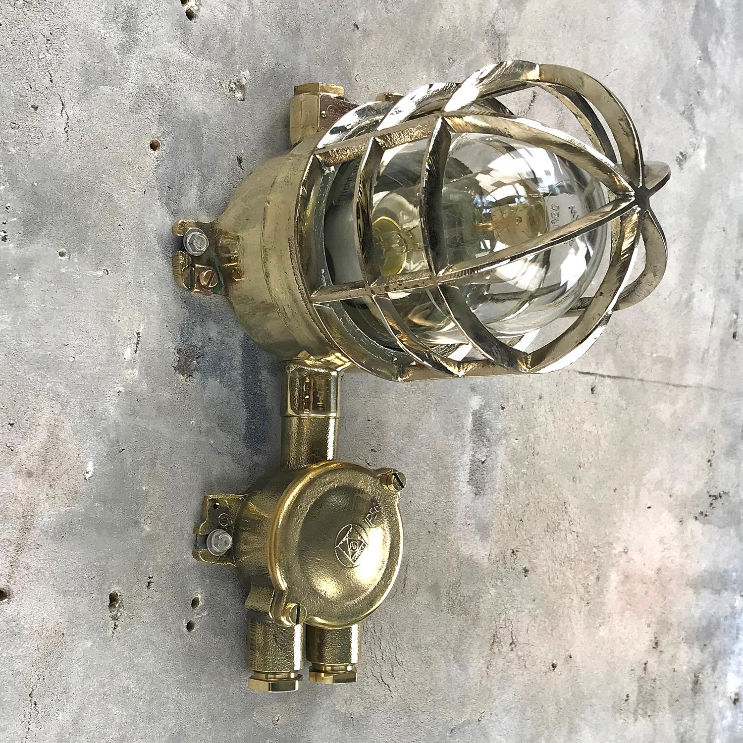 Industrial 1970s German Explosion Proof Wall Light Cast Brass, Glass Shade and Junction Box