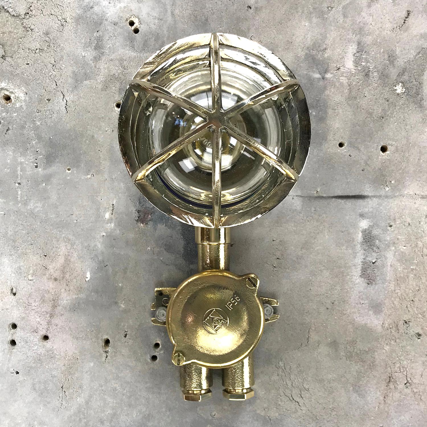 Tempered 1970s German Explosion Proof Wall Light Cast Brass, Glass Shade and Junction Box