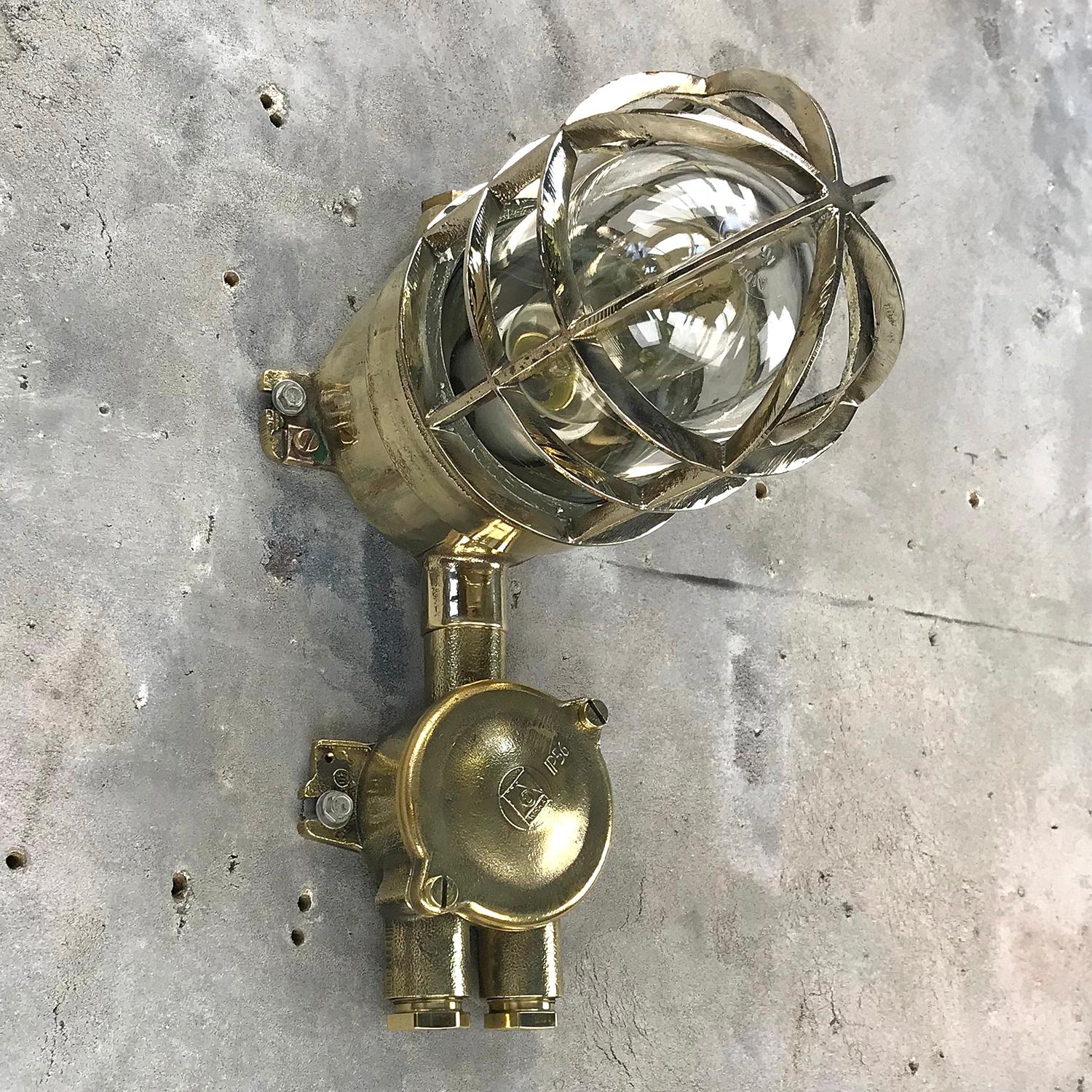 1970s German Explosion Proof Wall Light Cast Brass, Glass Shade and Junction Box In Good Condition In Leicester, Leicestershire