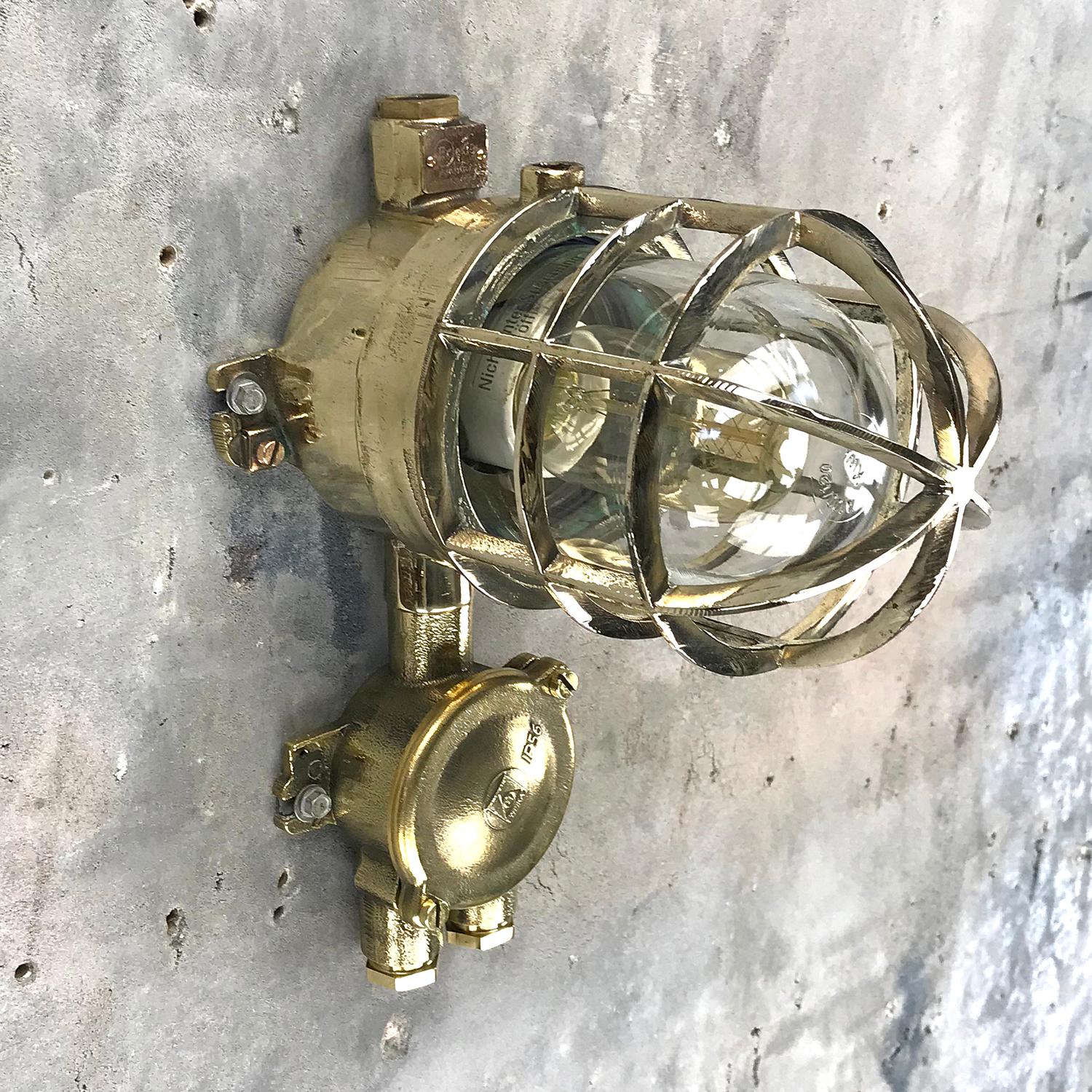 Late 20th Century 1970s German Explosion Proof Wall Light Cast Brass, Glass Shade and Junction Box
