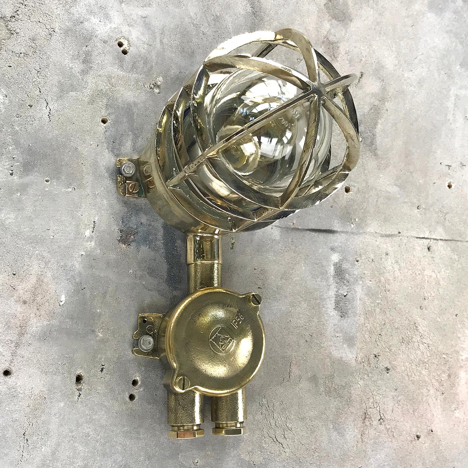 Bronze 1970s German Explosion Proof Wall Light Cast Brass, Glass Shade and Junction Box