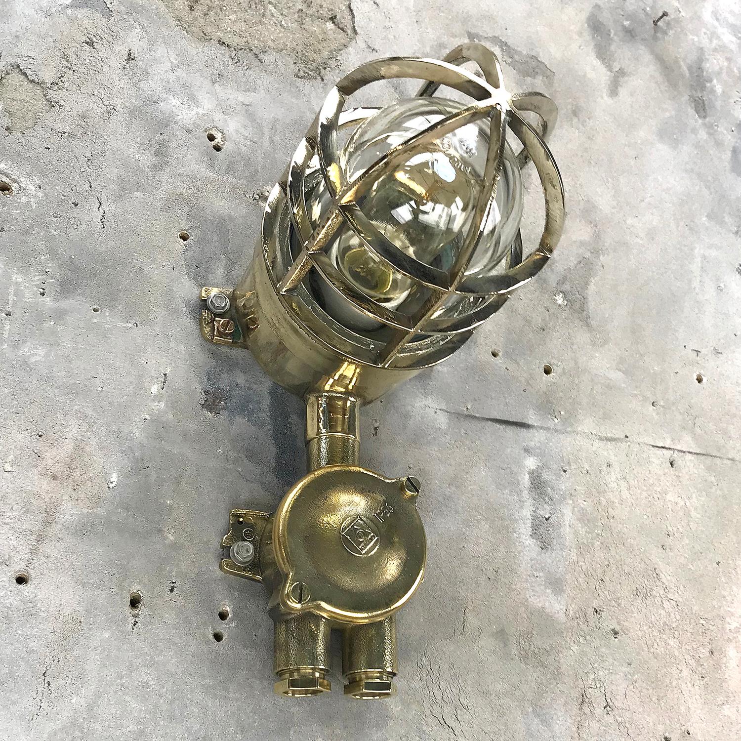 1970s German Explosion Proof Wall Light Cast Brass, Glass Shade and Junction Box 1