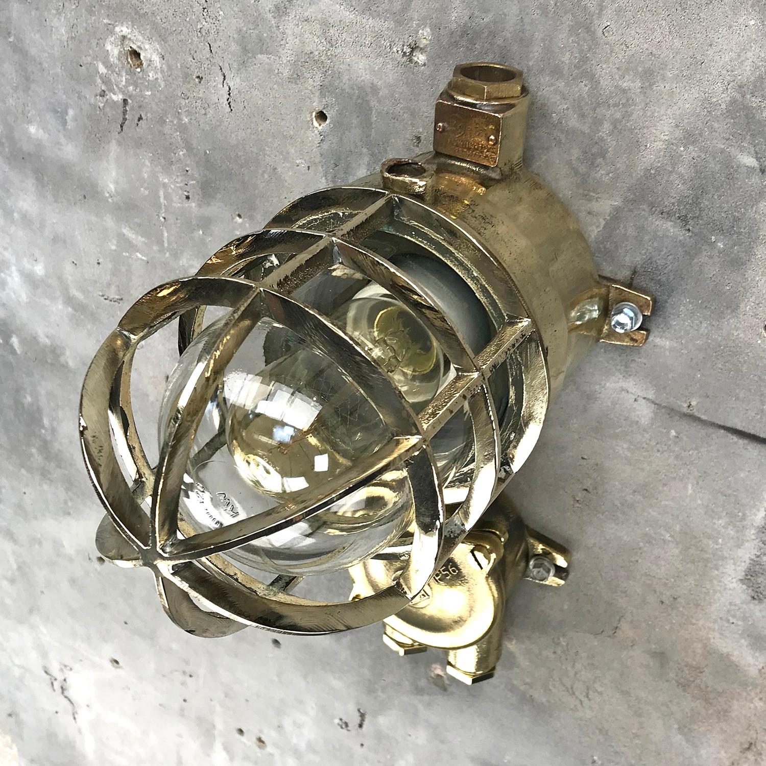 1970s German Explosion Proof Wall Light Cast Brass, Glass Shade and Junction Box 2