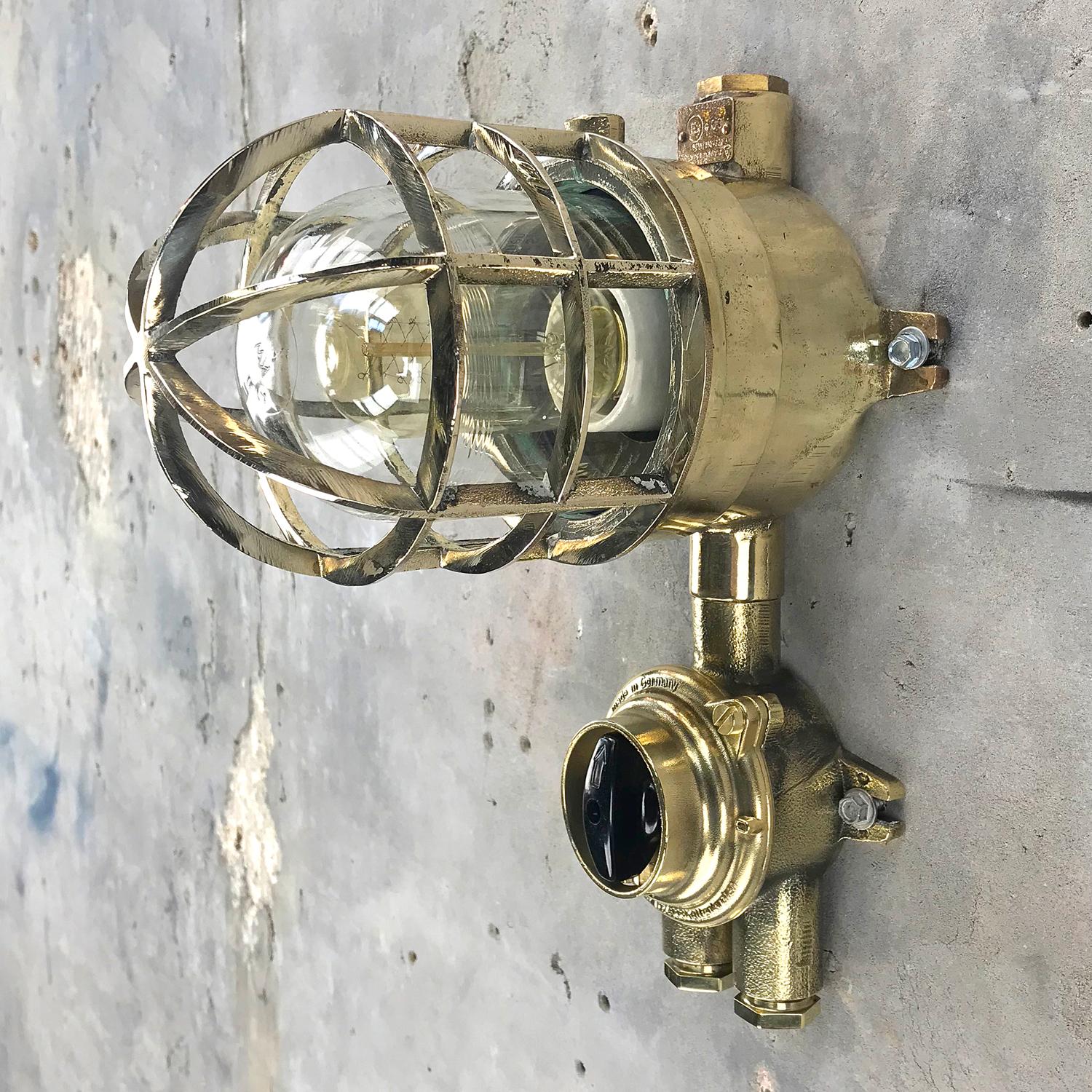 1970s German Explosion Proof Wall Light Cast Brass, Glass Shade & Rotary Switch For Sale 4