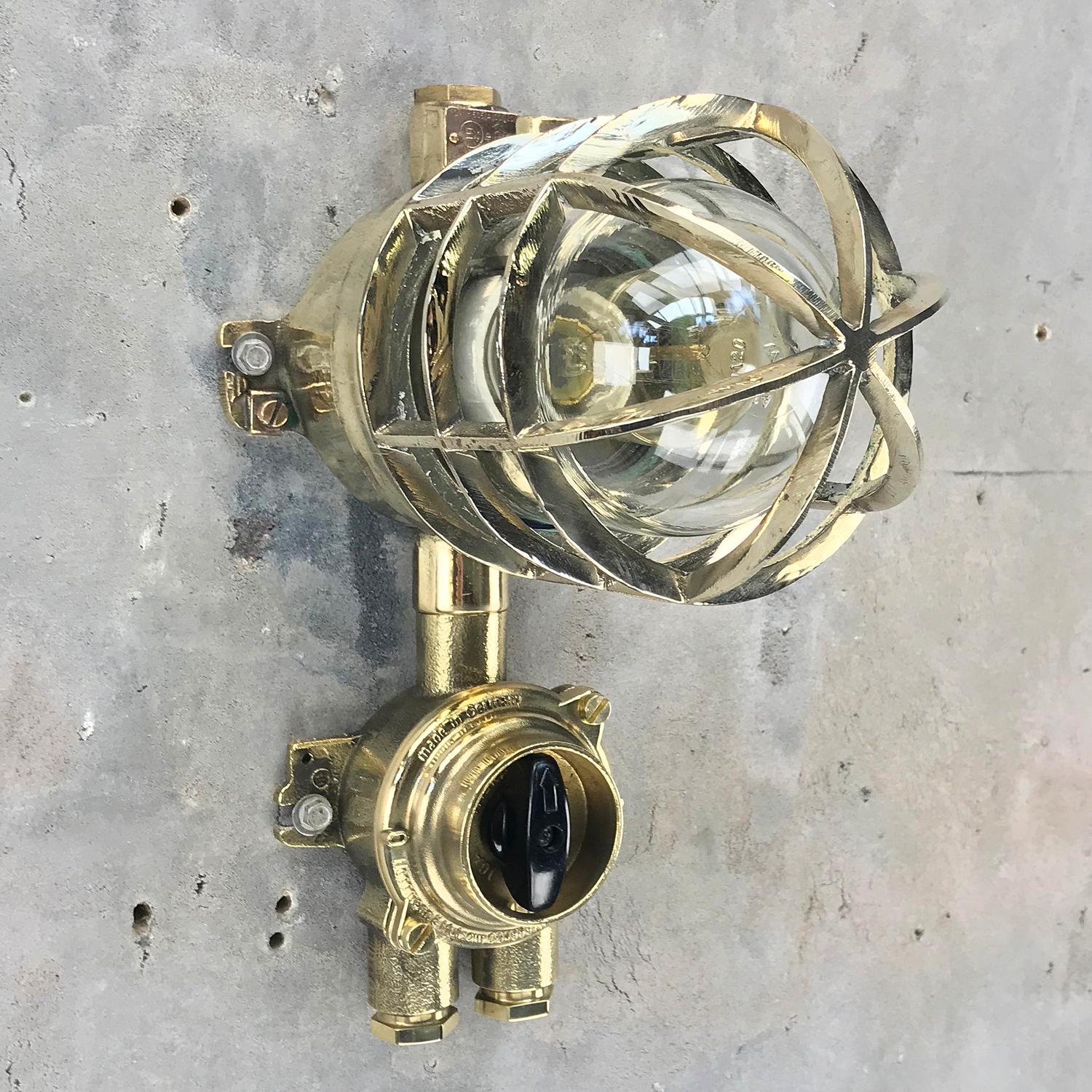 1970s German Explosion Proof Wall Light Cast Brass, Glass Shade & Rotary Switch For Sale 5